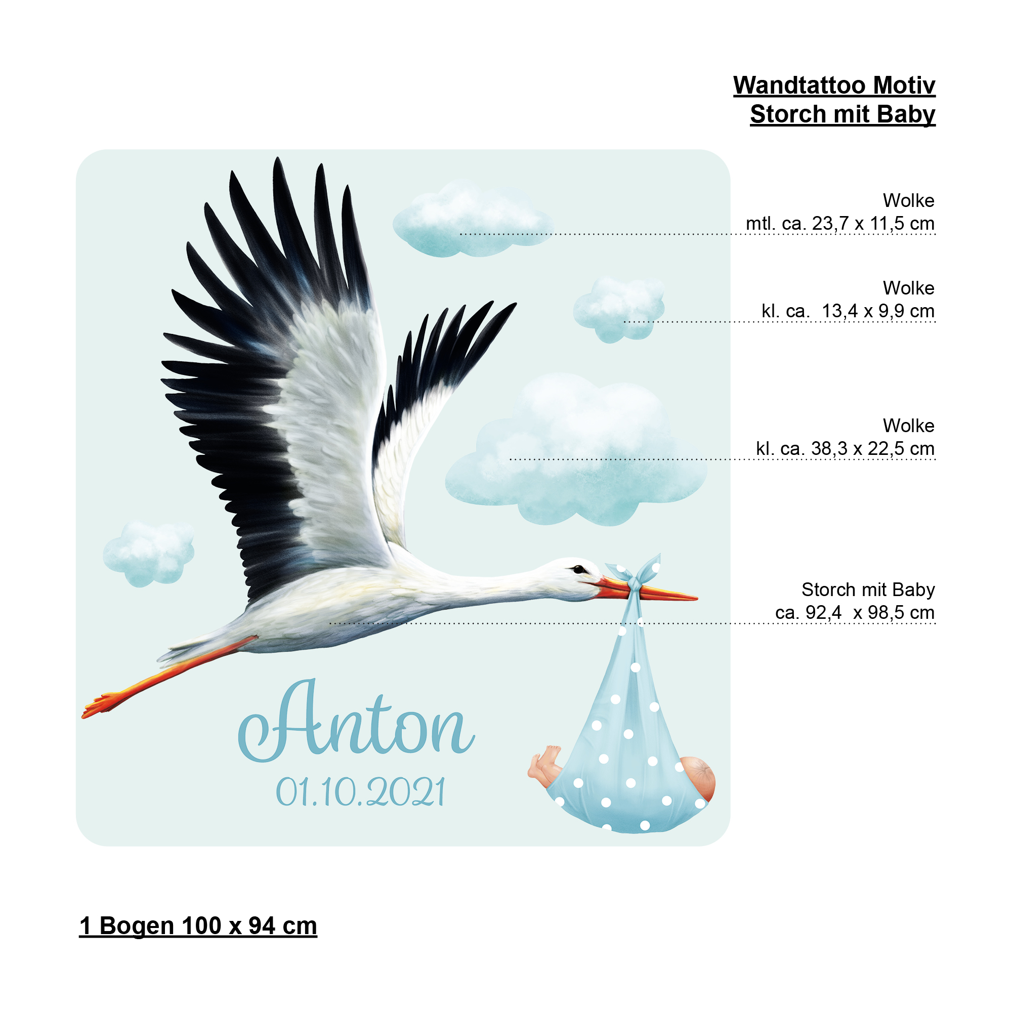 Auf dem Bild ist das Produkt: Personalisiertes Wandtattoo Kinderzimmer Storch mit Baby mit Wunschnamen und Datum Dekoration Babyzimmer zum Preis von €29.9 abgebildet.