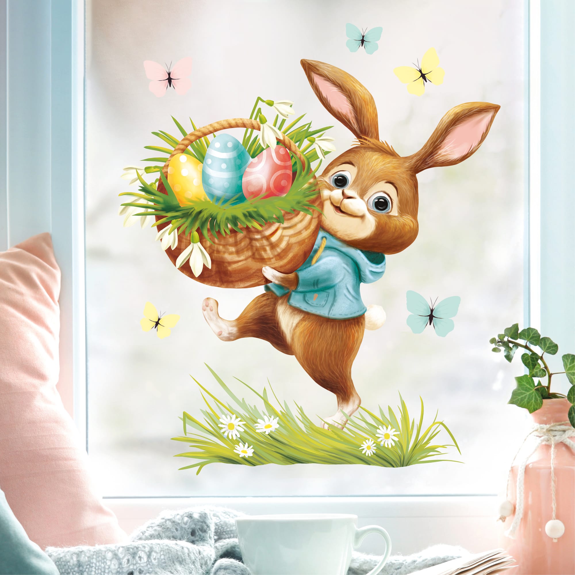 Wiederverwendbares Fensterbild Frühling Ostern Hase mit Eiern im Korb, Fensterdeko Kinderzimmer Kind, Frühlingsdeko, Osterdeko