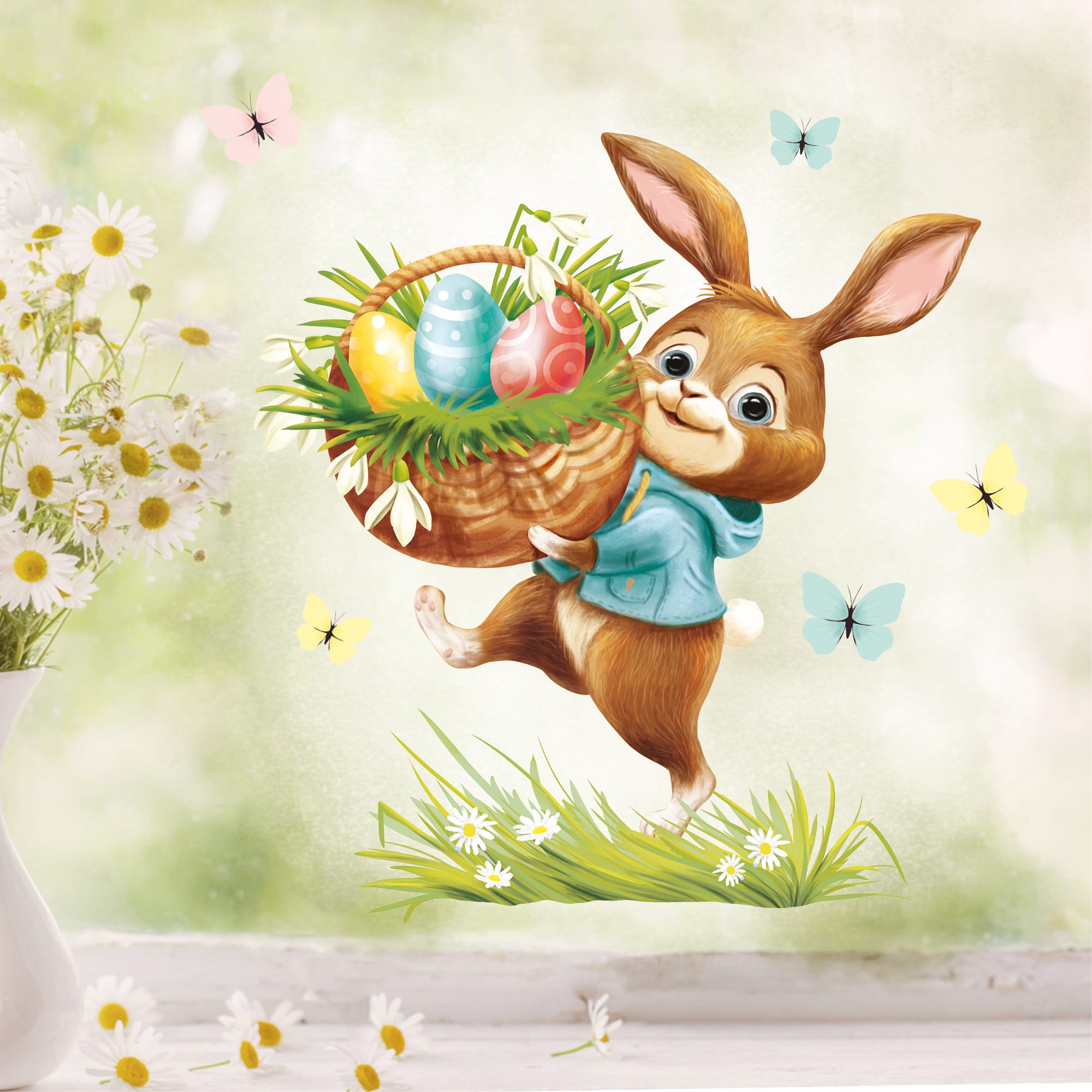 Auf dem Bild ist das Produkt: Wiederverwendbares Fensterbild Frühling Ostern Hase mit Eiern im Korb, Fensterdeko Kinderzimmer Kind, Frühlingsdeko, Osterdeko zum Preis von €13.90 abgebildet.