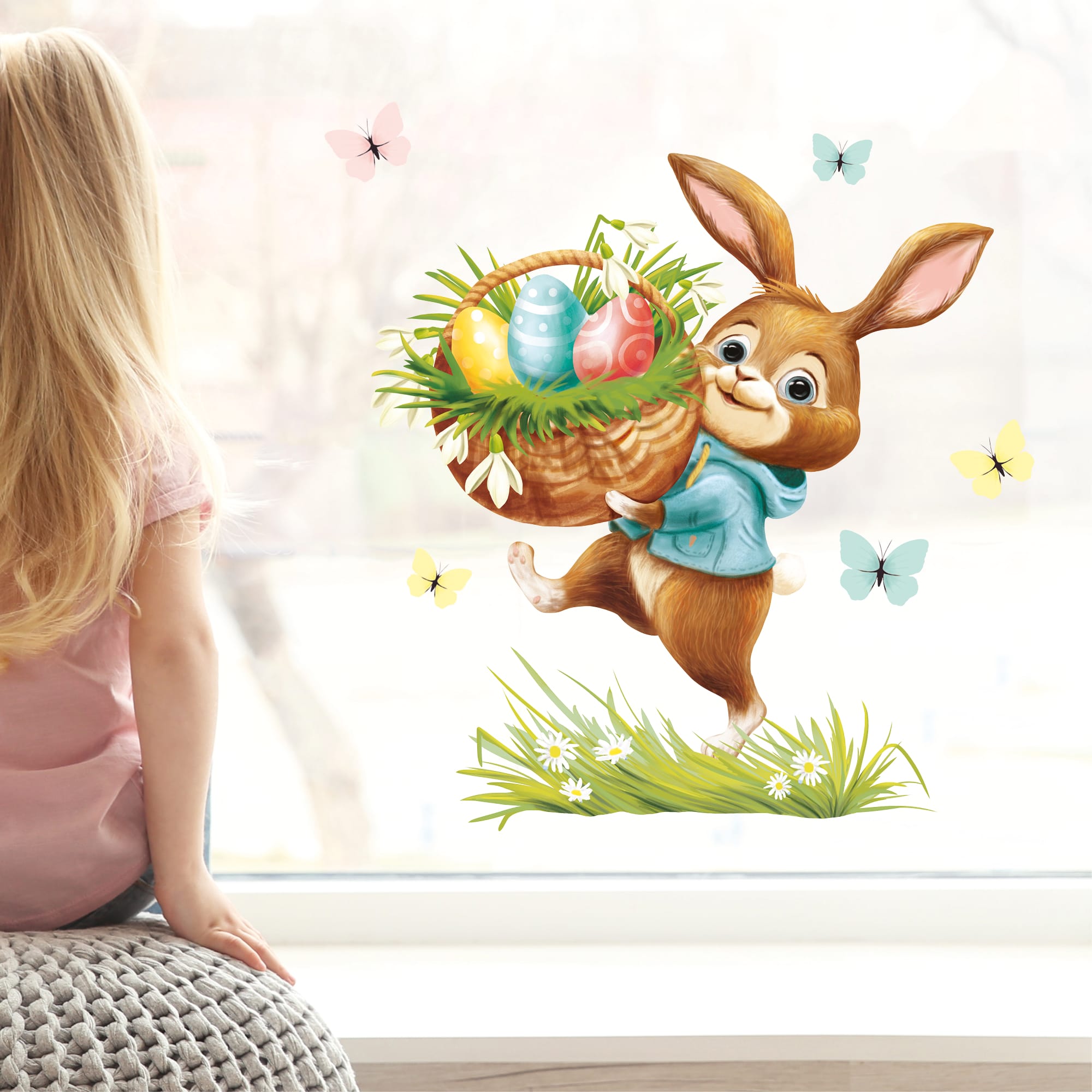 Auf dem Bild ist das Produkt: Wiederverwendbares Fensterbild Frühling Ostern Hase mit Eiern im Korb, Fensterdeko Kinderzimmer Kind, Frühlingsdeko, Osterdeko zum Preis von €13.90 abgebildet.
