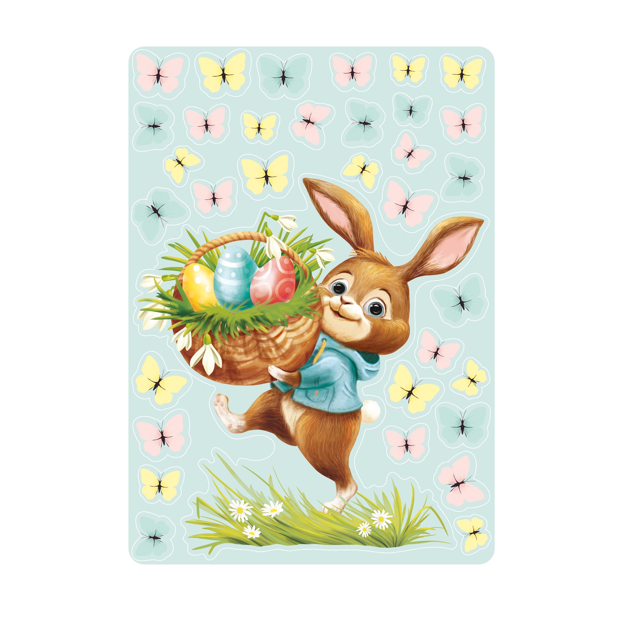 Auf dem Bild ist das Produkt: Wiederverwendbares Fensterbild Frühling Ostern Hase mit Eiern im Korb, Fensterdeko Kinderzimmer Kind, Frühlingsdeko, Osterdeko zum Preis von €13.90 abgebildet.