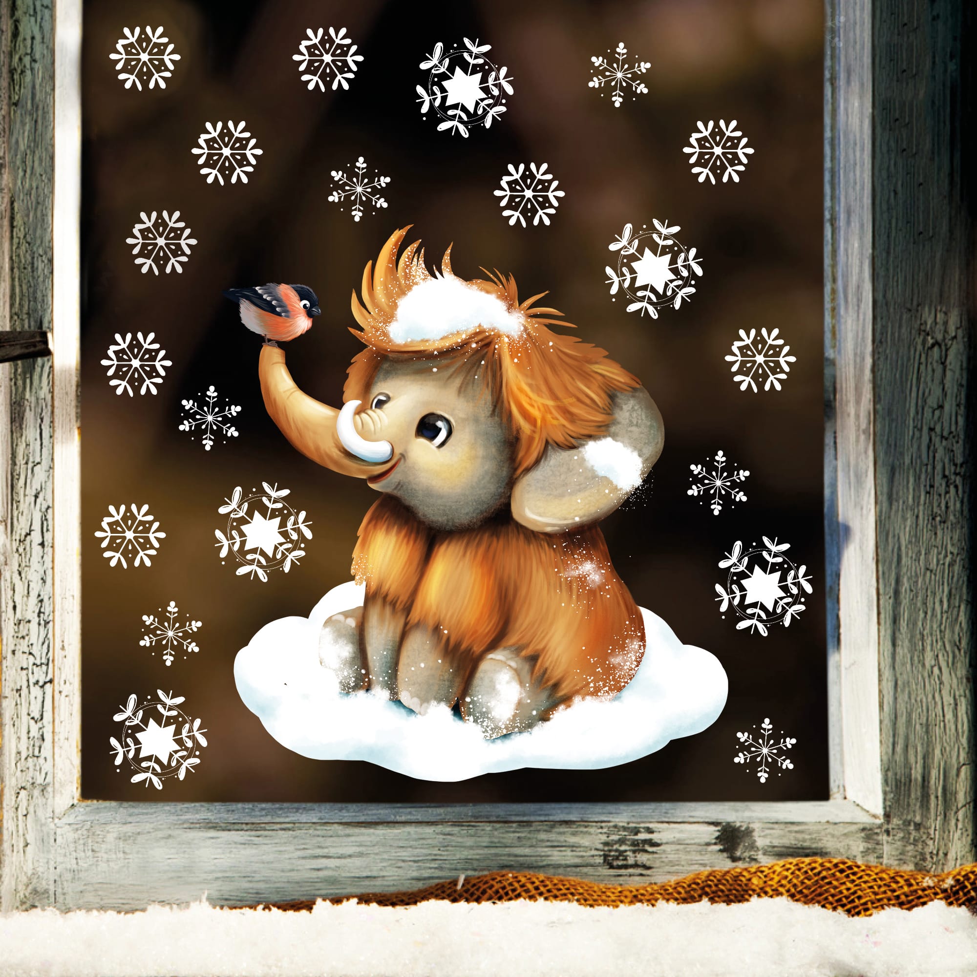 Fensterbild Weihnachten Winter Mammut mit Schneeflocken Fensterdeko winterliche Fensterdeko Schneeflocken