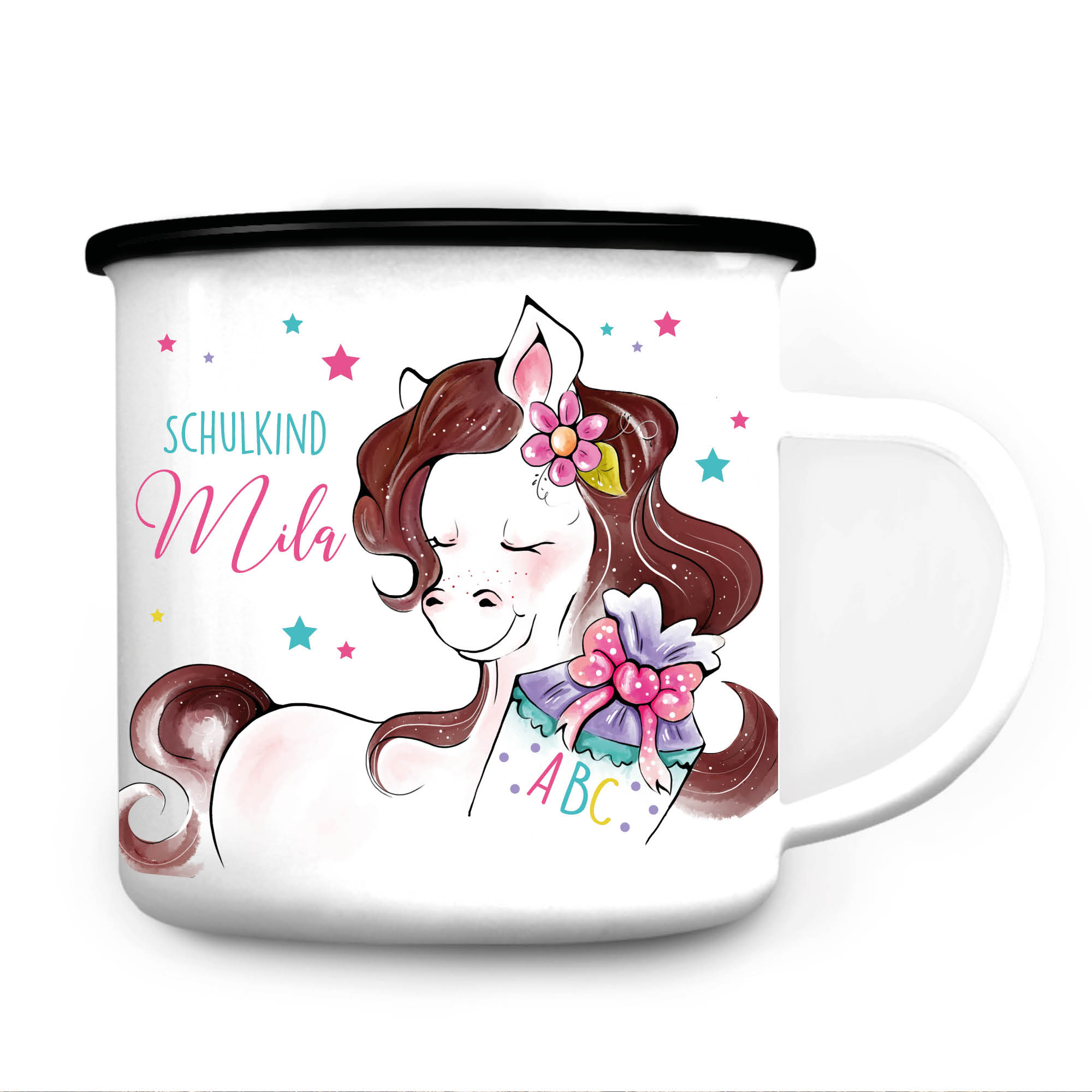 Auf dem Bild ist das Produkt: Campingbecher Emaille für Mädchen Pferd mit Schultüte personalisiert mit Wunschnamen – Einschulungsgeschenk Schulanfang zum Preis von €18.9 abgebildet.