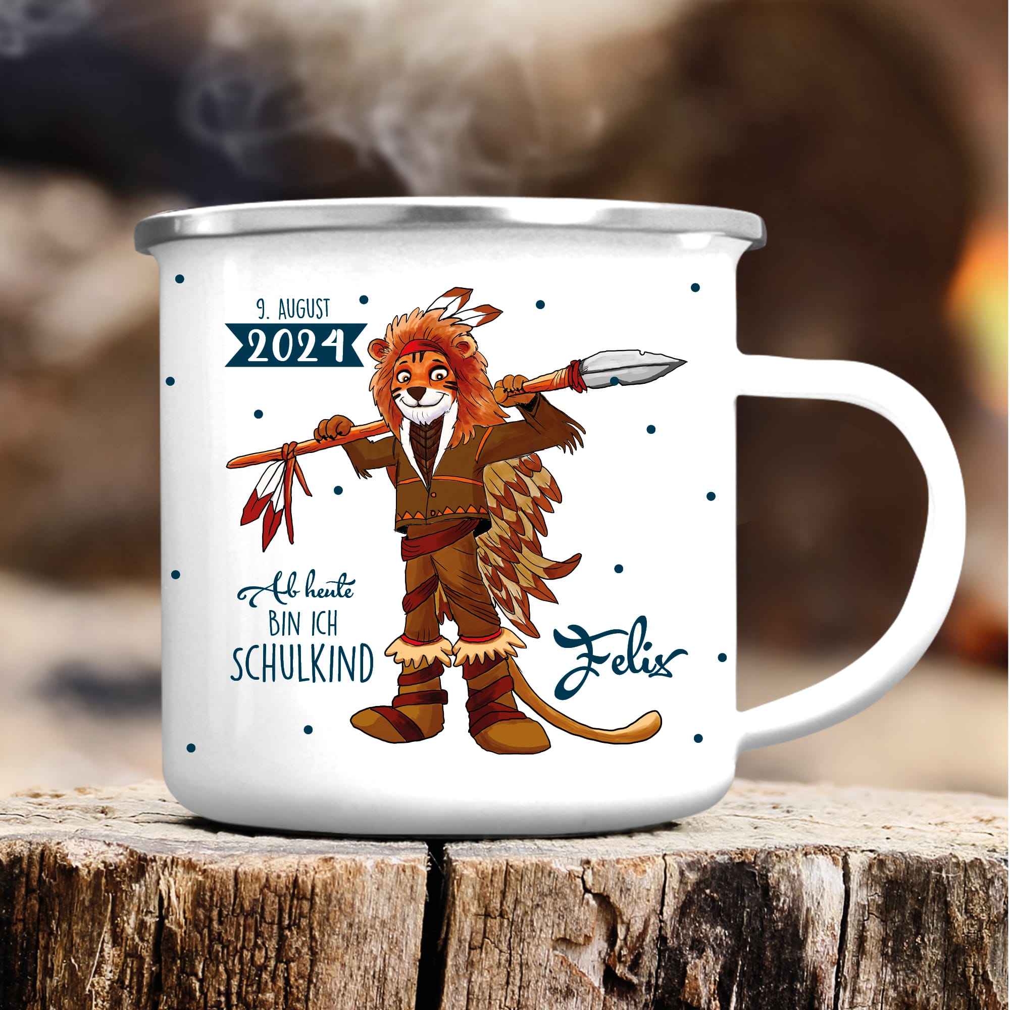 Emaille Campingbecher Indianer Löwe personalisiertes Geschenk zur Einschulung Becher 300 ml weiß
