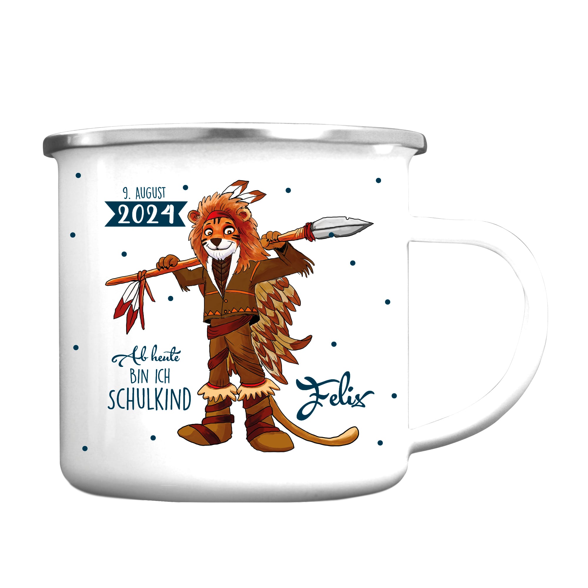 Auf dem Bild ist das Produkt: Emaille Campingbecher Indianer Löwe personalisiertes Geschenk zur Einschulung Becher 300 ml weiß zum Preis von €18.90 abgebildet.