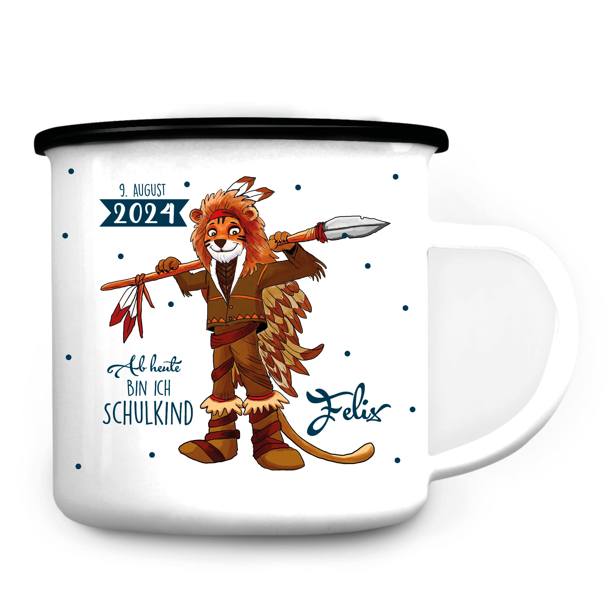 Auf dem Bild ist das Produkt: Emaille Campingbecher Indianer Löwe personalisiertes Geschenk zur Einschulung Becher 300 ml weiß zum Preis von €18.90 abgebildet.