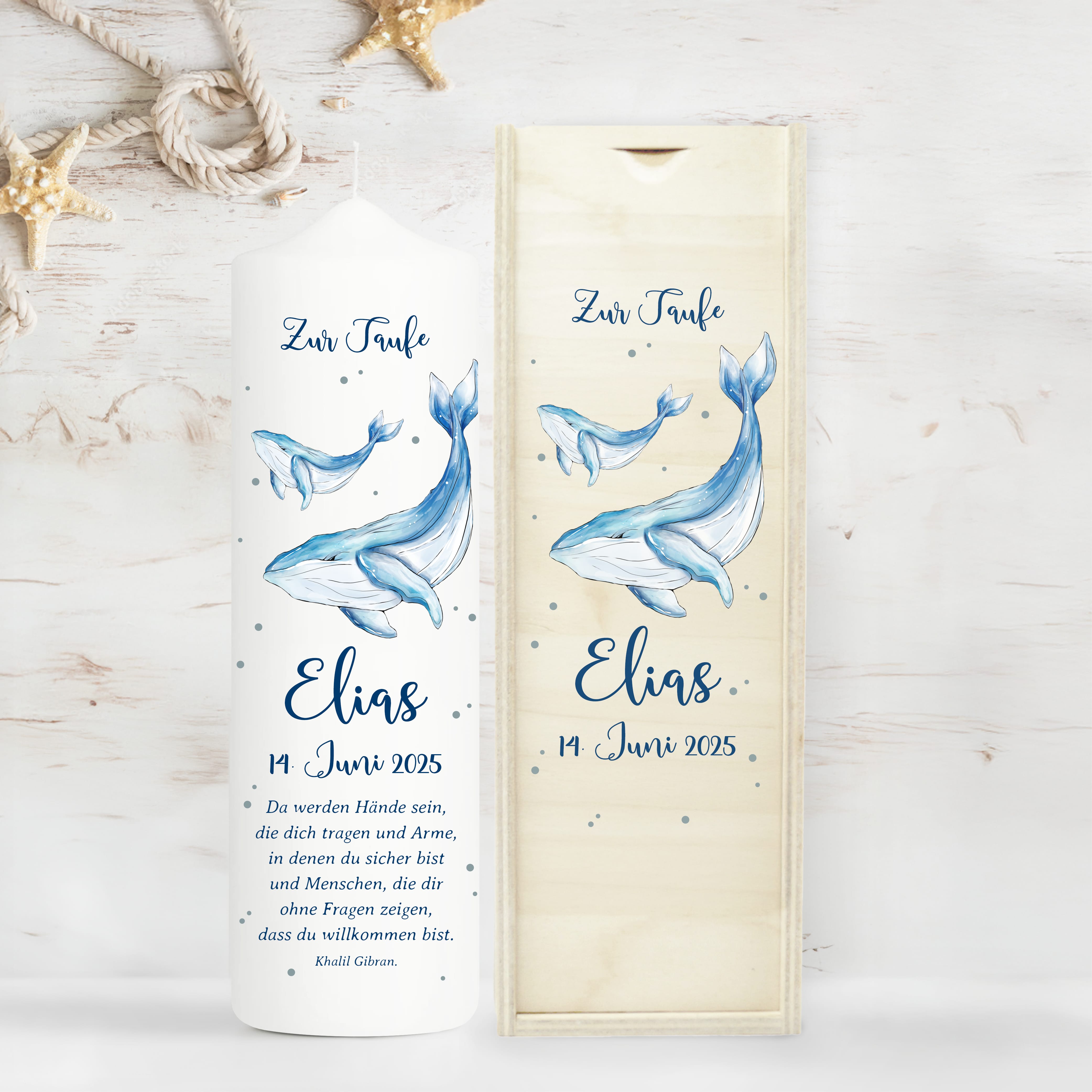 Taufkerze bedruckt Wal Junge Mädchen personalisiert mit Namen Datum Taufspruch Geschenk Kerze zur Taufe