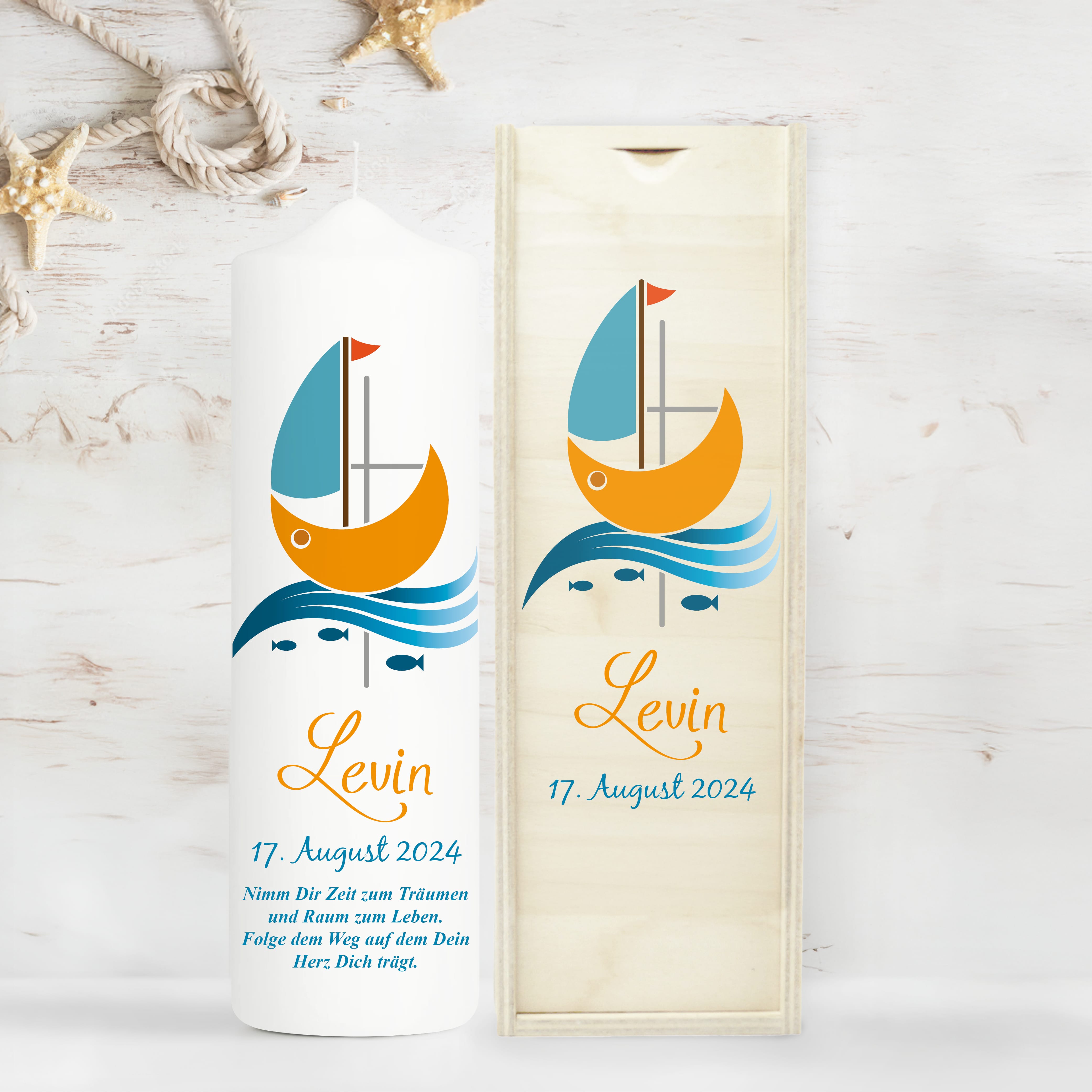 Taufkerze bedruckt Boot Jesuskreuz Junge Mädchen personalisiert mit Namen Datum Taufspruch Geschenk Kerze zur Taufe