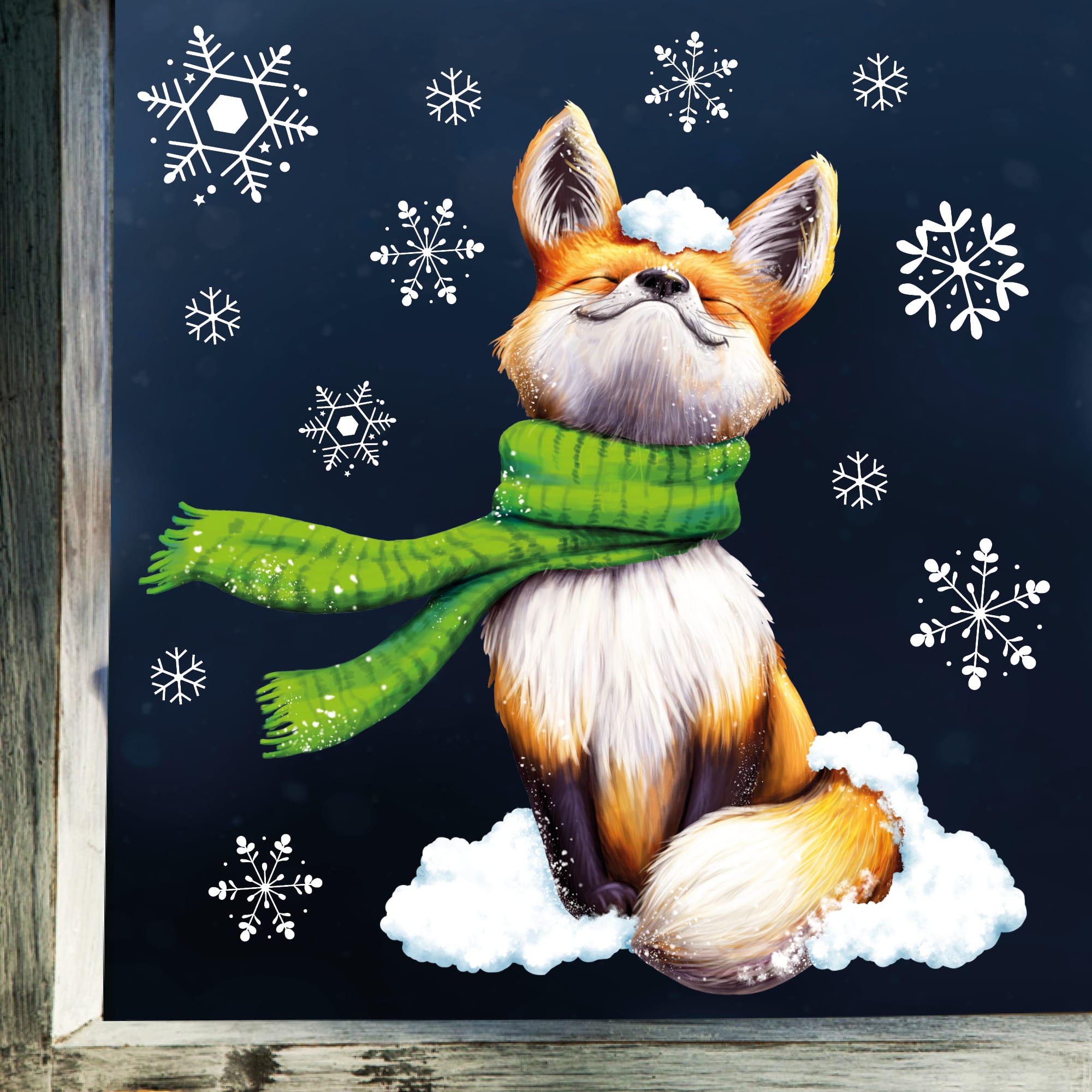 Fensterbild Weihnachten Winter Fuchs mit Schal und Schneeflocken Fensteraufkleber wiederverwendbar