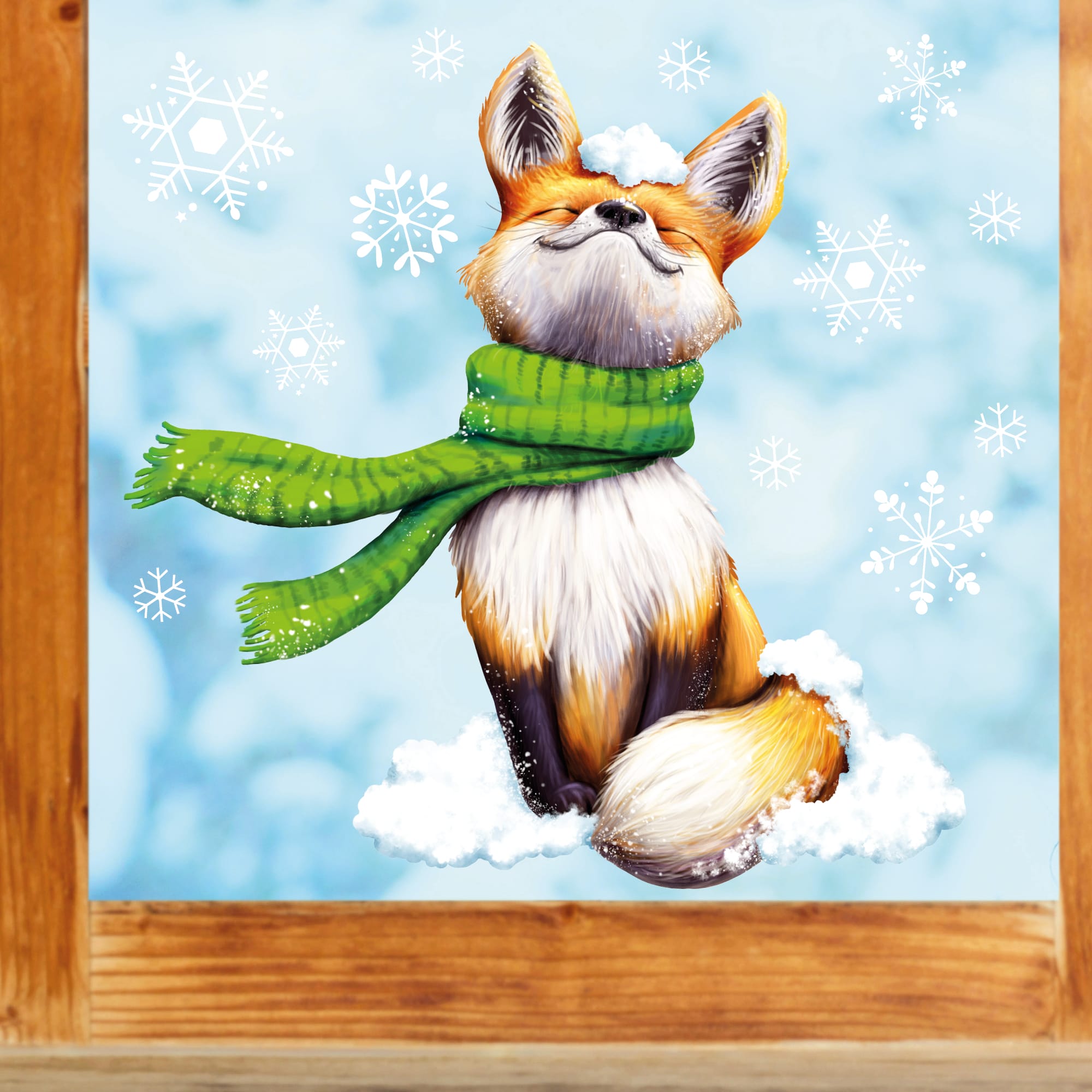 Auf dem Bild ist das Produkt: Fensterbild Weihnachten Winter Fuchs mit Schal und Schneeflocken Fensteraufkleber wiederverwendbar zum Preis von €13.90 abgebildet.