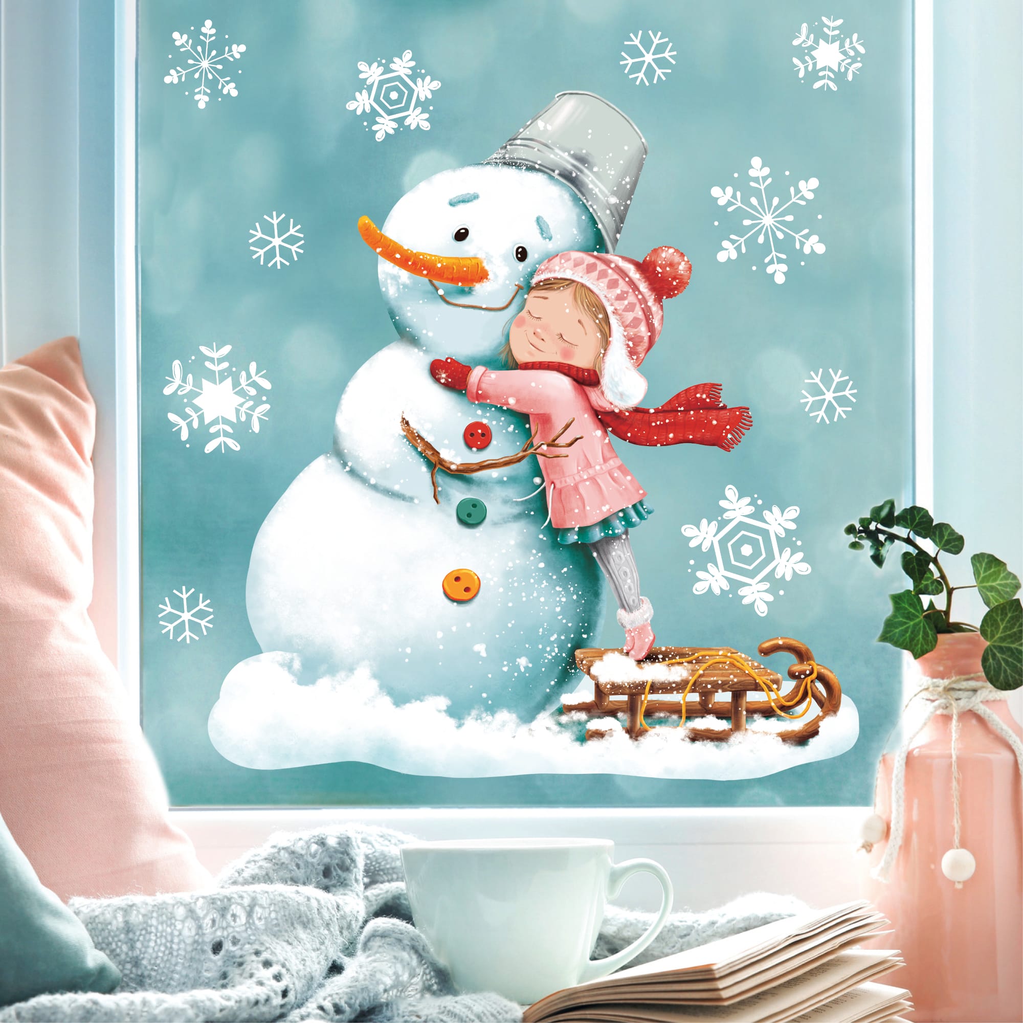Auf dem Bild ist das Produkt: Fensterbild Weihnachten Winter Schneemann mit Mädchen und Schneeflocken Fensteraufkleber Weihnachtsdekoration Winterdekoration zum Preis von €13.90 abgebildet.