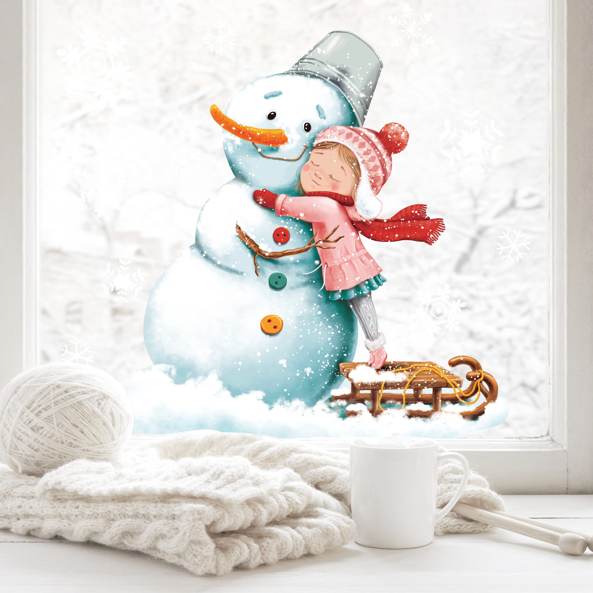 Fensterbild Weihnachten Winter Schneemann mit Mädchen und Schneeflocken Fensteraufkleber Weihnachtsdekoration Winterdekoration