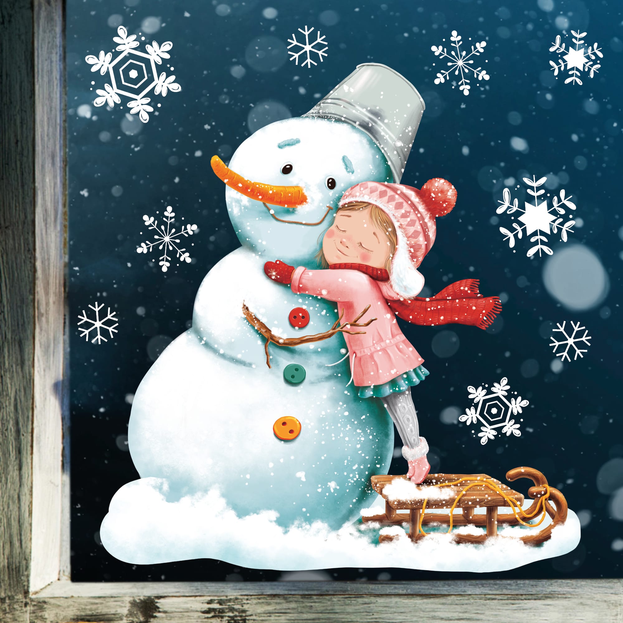 Auf dem Bild ist das Produkt: Fensterbild Weihnachten Winter Schneemann mit Mädchen und Schneeflocken Fensteraufkleber Weihnachtsdekoration Winterdekoration zum Preis von €13.90 abgebildet.