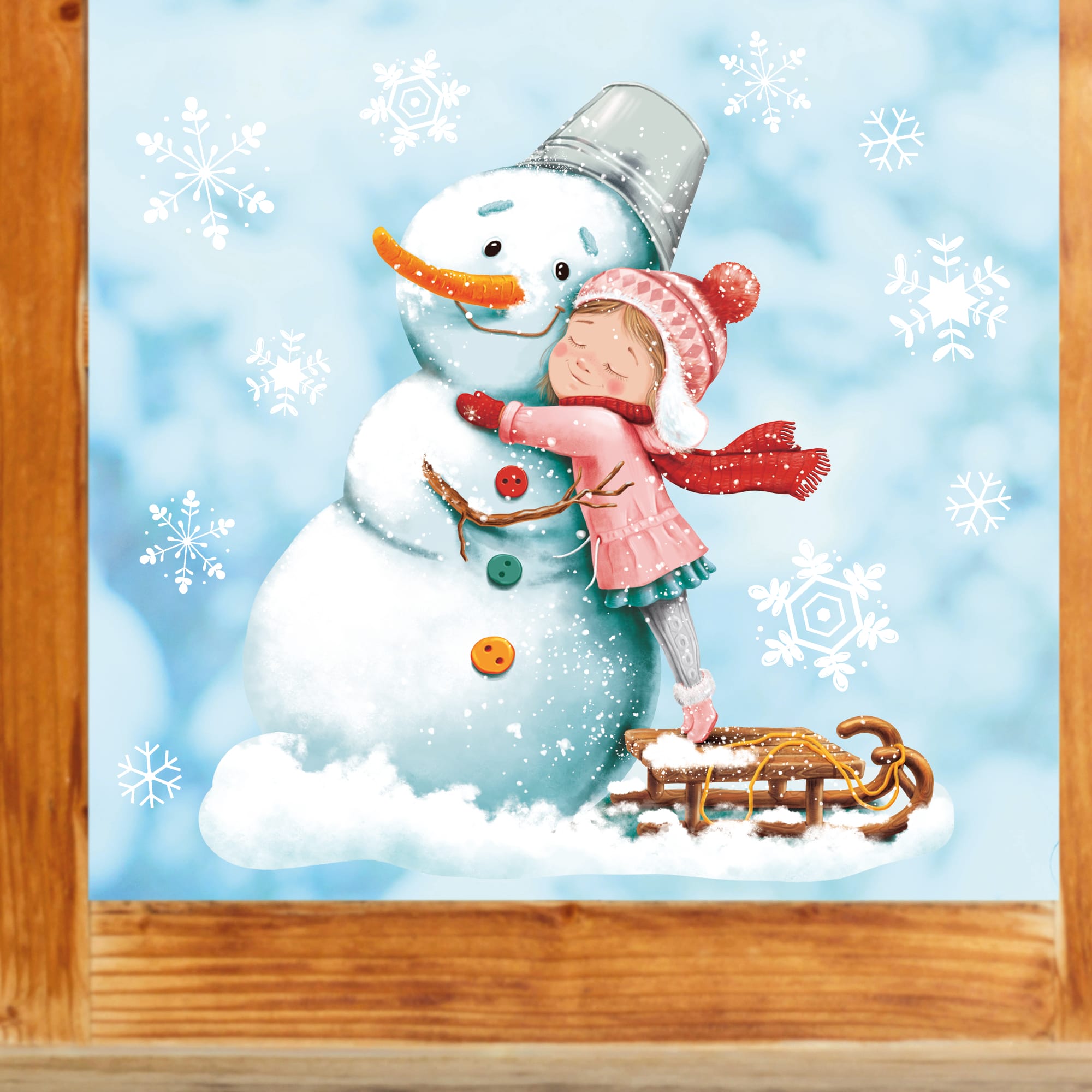 Auf dem Bild ist das Produkt: Fensterbild Weihnachten Winter Schneemann mit Mädchen und Schneeflocken Fensteraufkleber Weihnachtsdekoration Winterdekoration zum Preis von €13.90 abgebildet.