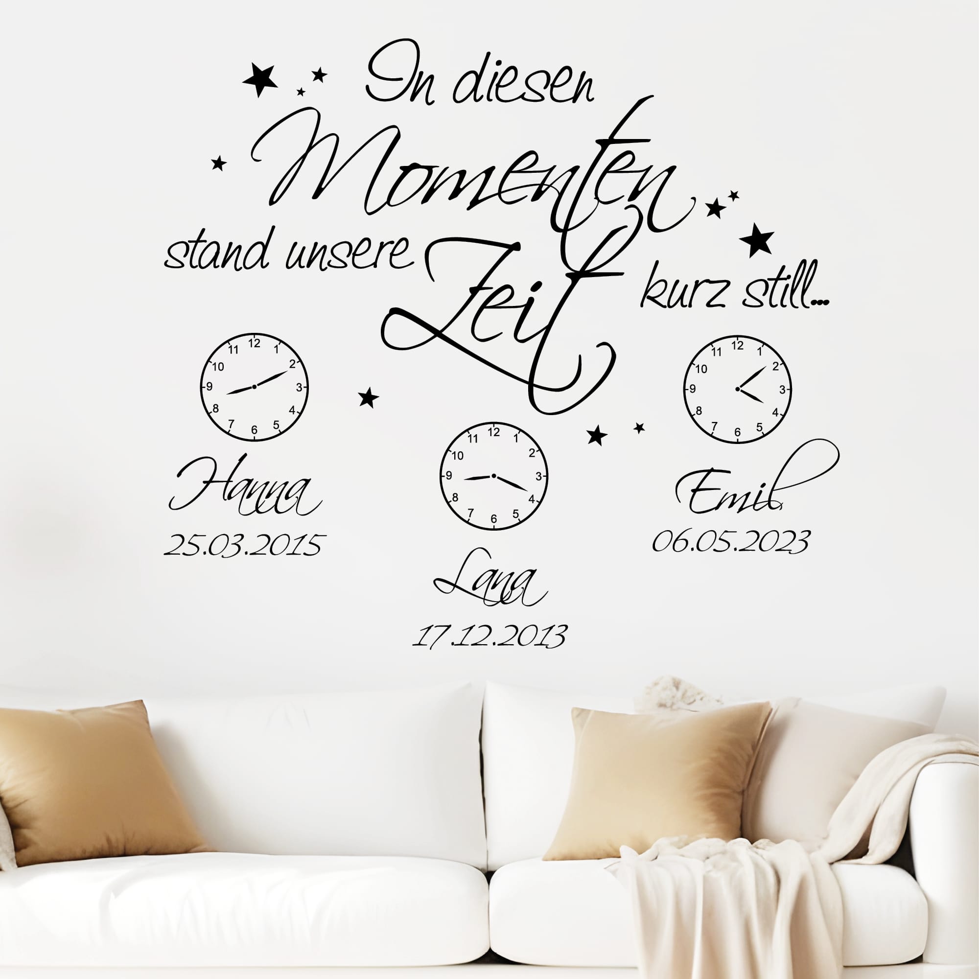 Auf dem Bild ist das Produkt: Wandtattoo In diesen Momenten stand unsere Zeit kurz still Wandaufkleber Familie personalisiert zum Preis von €29.9 abgebildet.