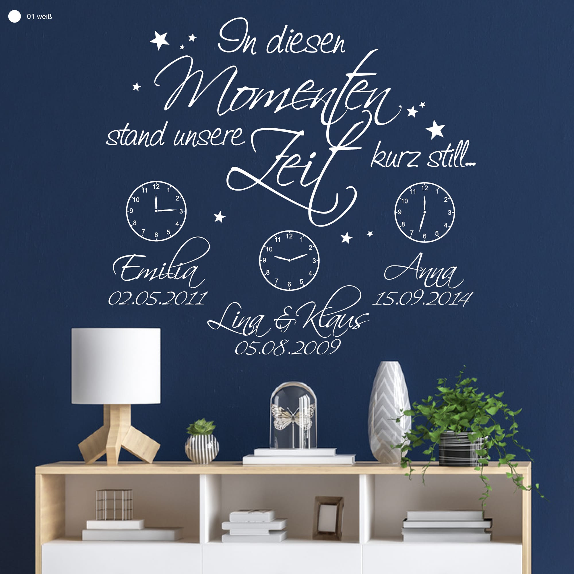 Auf dem Bild ist das Produkt: Wandtattoo In diesen Momenten stand unsere Zeit kurz still Wandaufkleber Familie personalisiert zum Preis von €29.9 abgebildet.