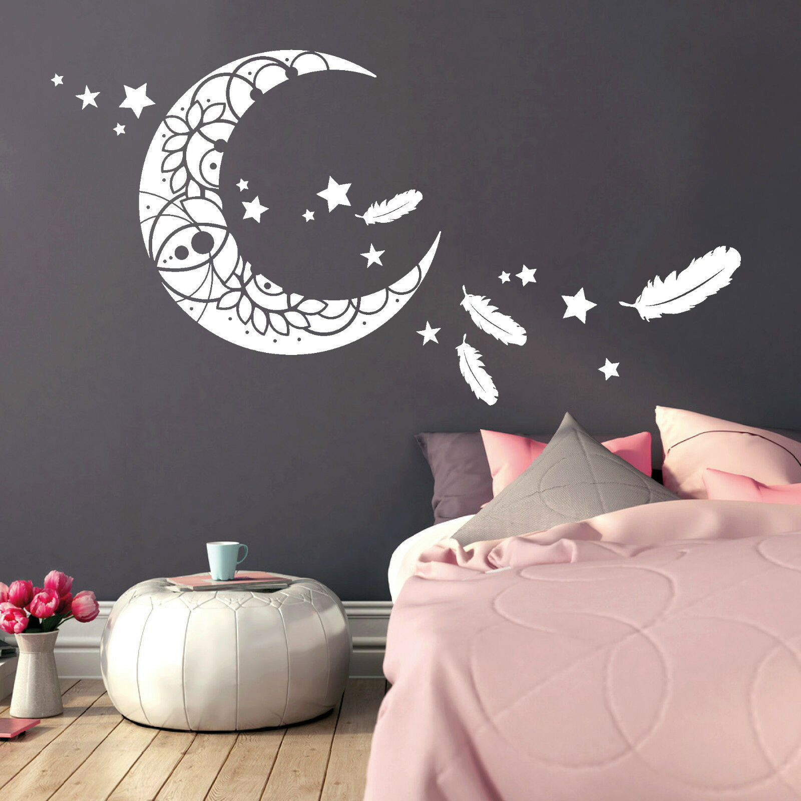 11118 Wandtattoo Mond Sterne Feder Schlaf Schlafzimmer Moon Star Weiß Träumen
