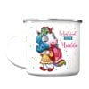 Auf dem Bild ist das Produkt: Campingbecher Emaille für Mädchen Einhorn mit Schulranzen personalisiert mit dem Wunschnamen Einschulungsgeschenk zum Preis von €18.9 abgebildet.