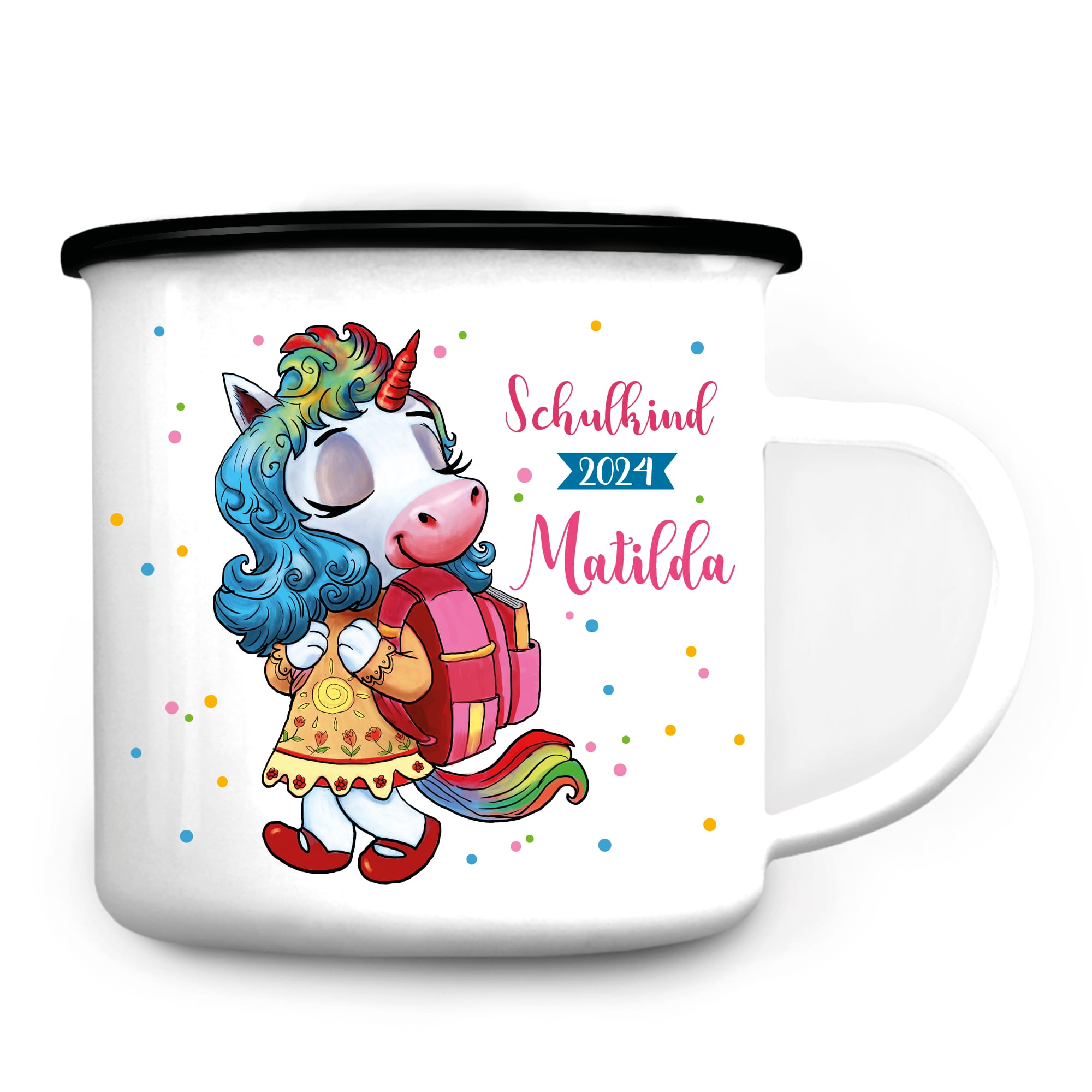 Auf dem Bild ist das Produkt: Campingbecher Emaille für Mädchen Einhorn mit Schulranzen personalisiert mit dem Wunschnamen Einschulungsgeschenk zum Preis von €18.9 abgebildet.