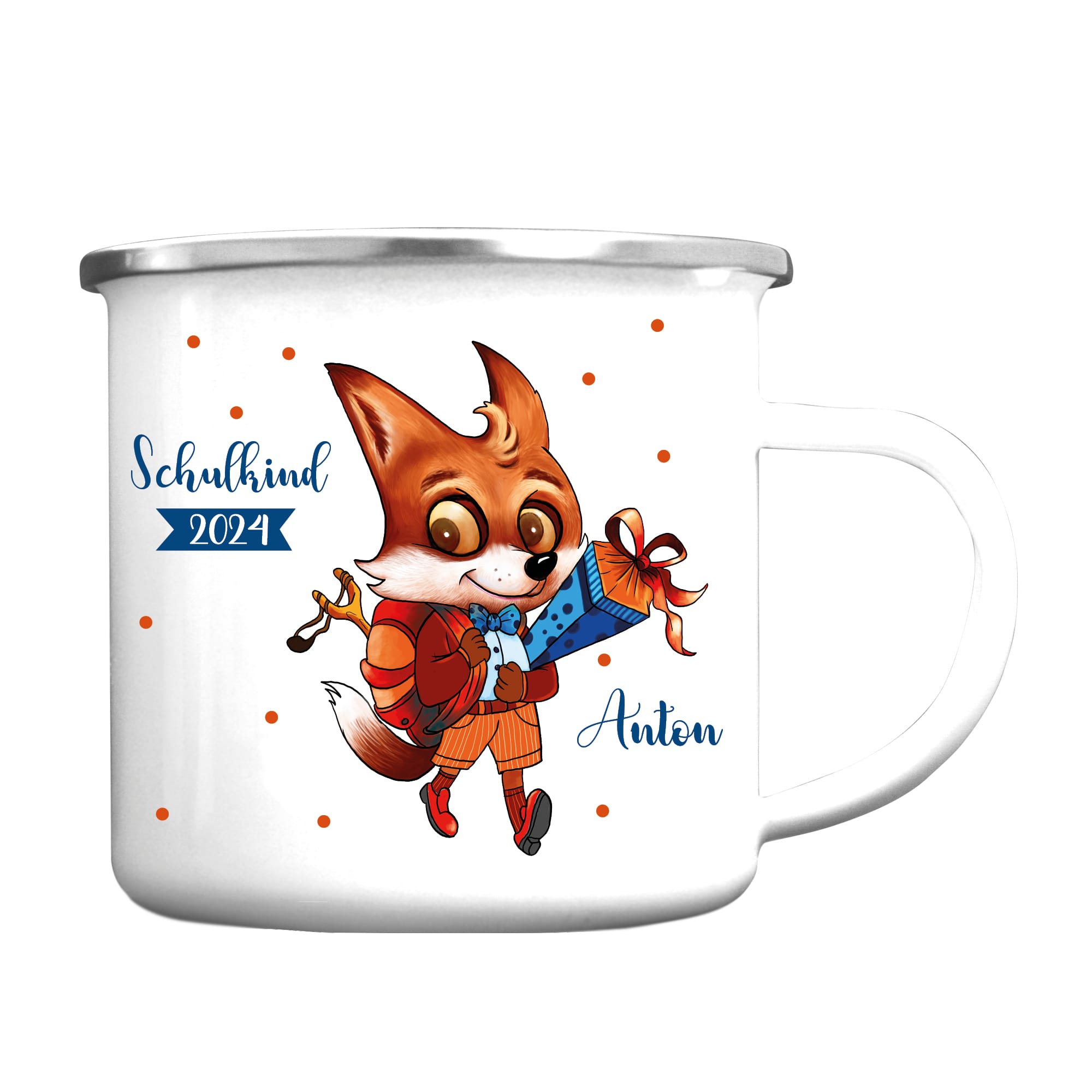 Auf dem Bild ist das Produkt: Campingbecher Emaille personalisiert Fuchs mit Schultüte Wunschname Einschulungsgeschenk zum Preis von €18.9 abgebildet.