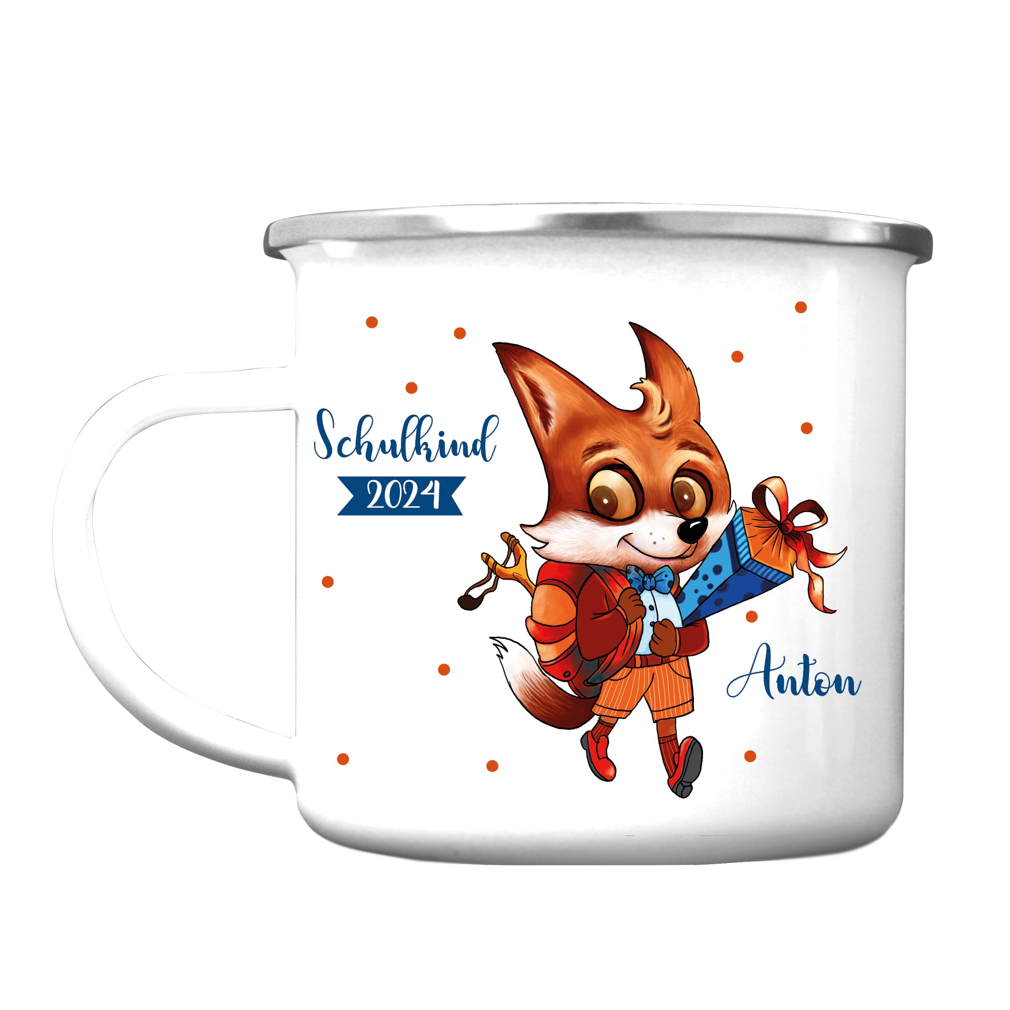 Auf dem Bild ist das Produkt: Campingbecher Emaille personalisiert Fuchs mit Schultüte Wunschname Einschulungsgeschenk zum Preis von €18.9 abgebildet.