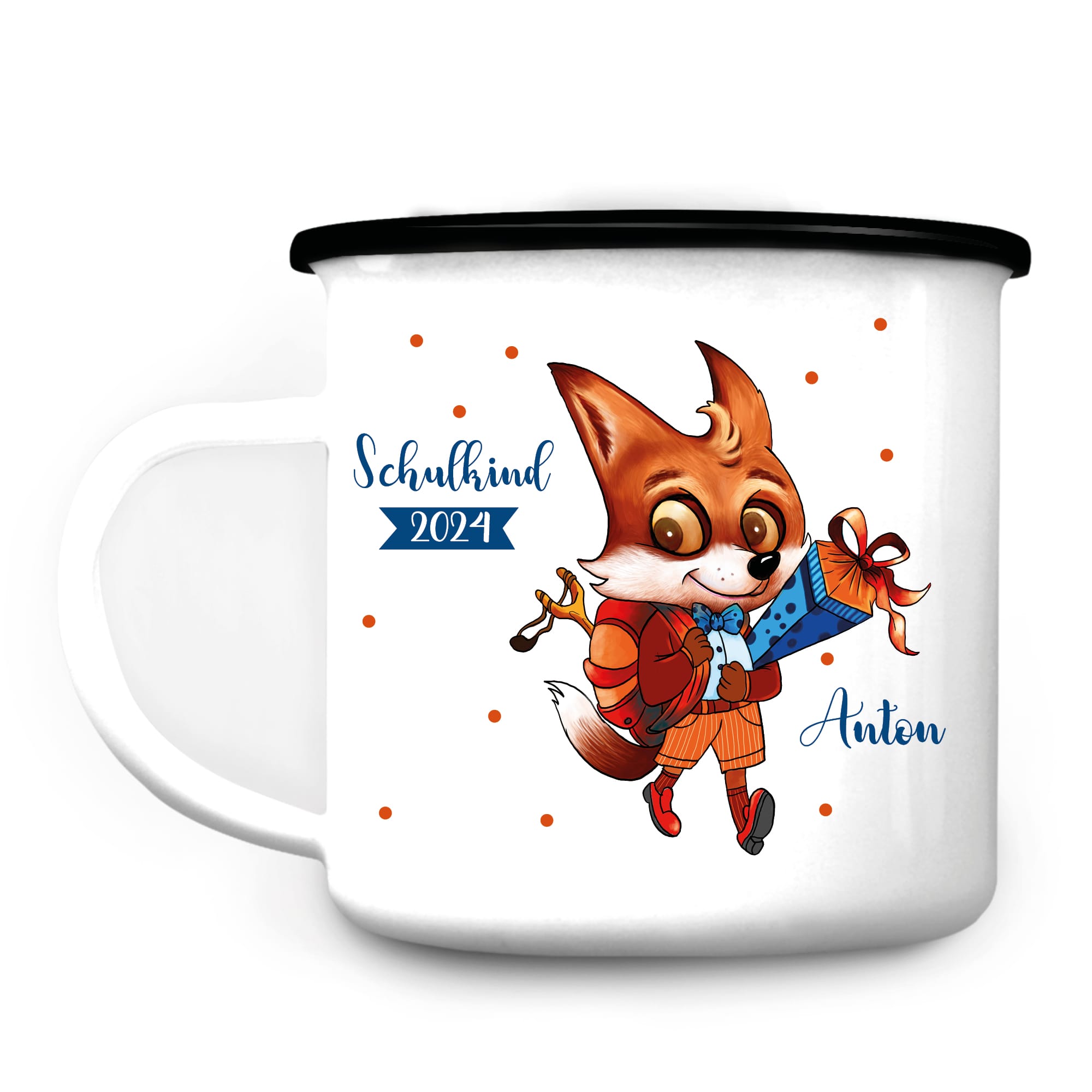 Auf dem Bild ist das Produkt: Campingbecher Emaille personalisiert Fuchs mit Schultüte Wunschname Einschulungsgeschenk zum Preis von €18.9 abgebildet.