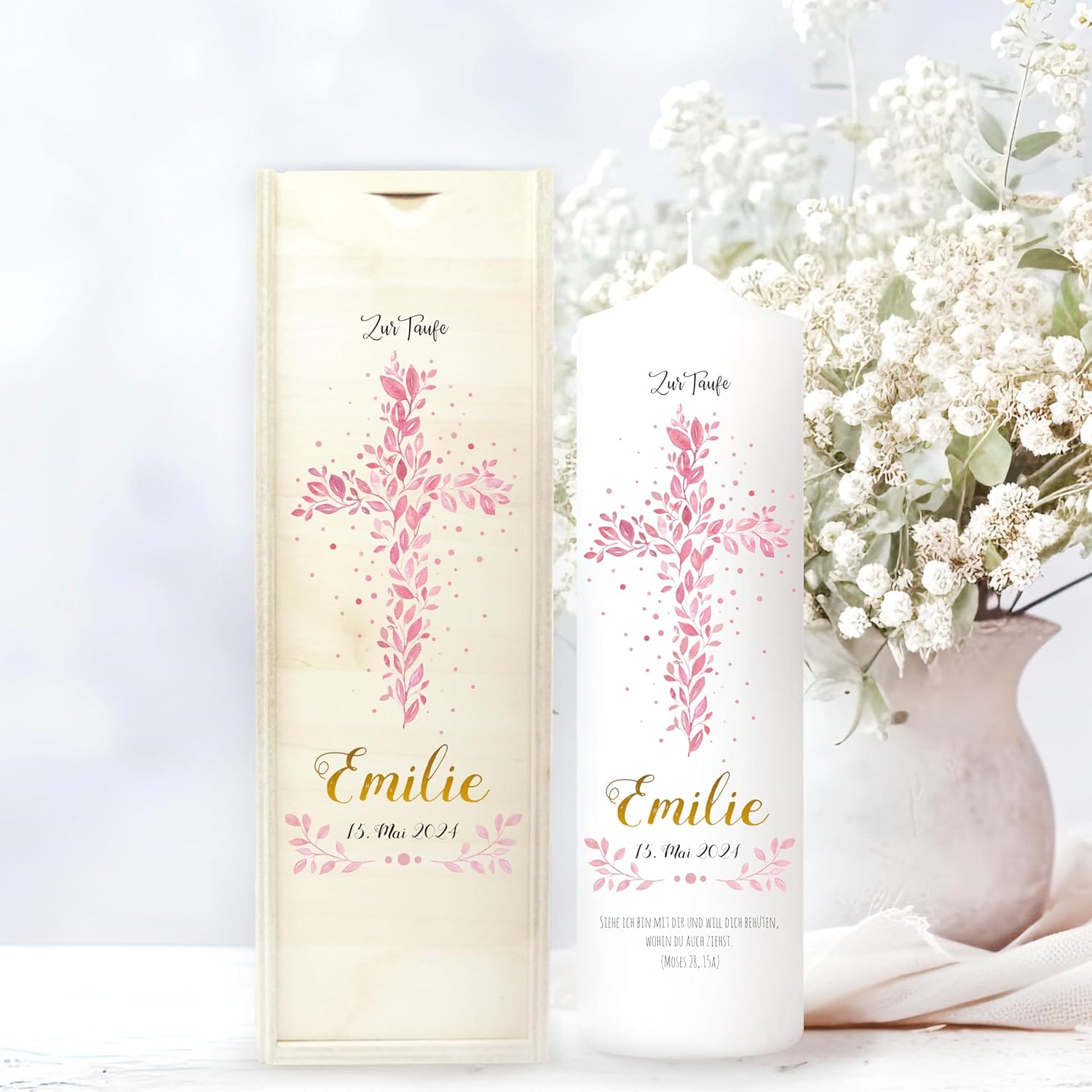 Taufkerze Blätterkreuz rosa Mädchen Heiliges Kreuz rosa Blätter Kerze zur Taufe mit Namen, Datum und eigenem, vorgegebenem oder keinem Taufspruch