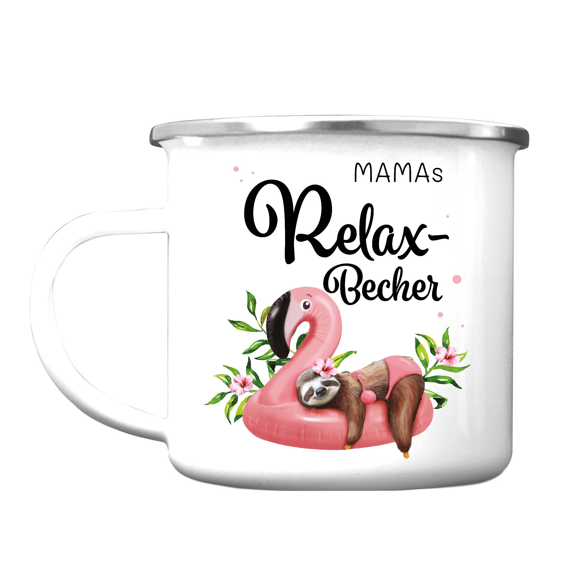 Auf dem Bild ist das Produkt: Emaille Campingbecher “Relax Becher” mit Wunschnamen Faultier auf Flamingo zum Preis von €18.9 abgebildet.