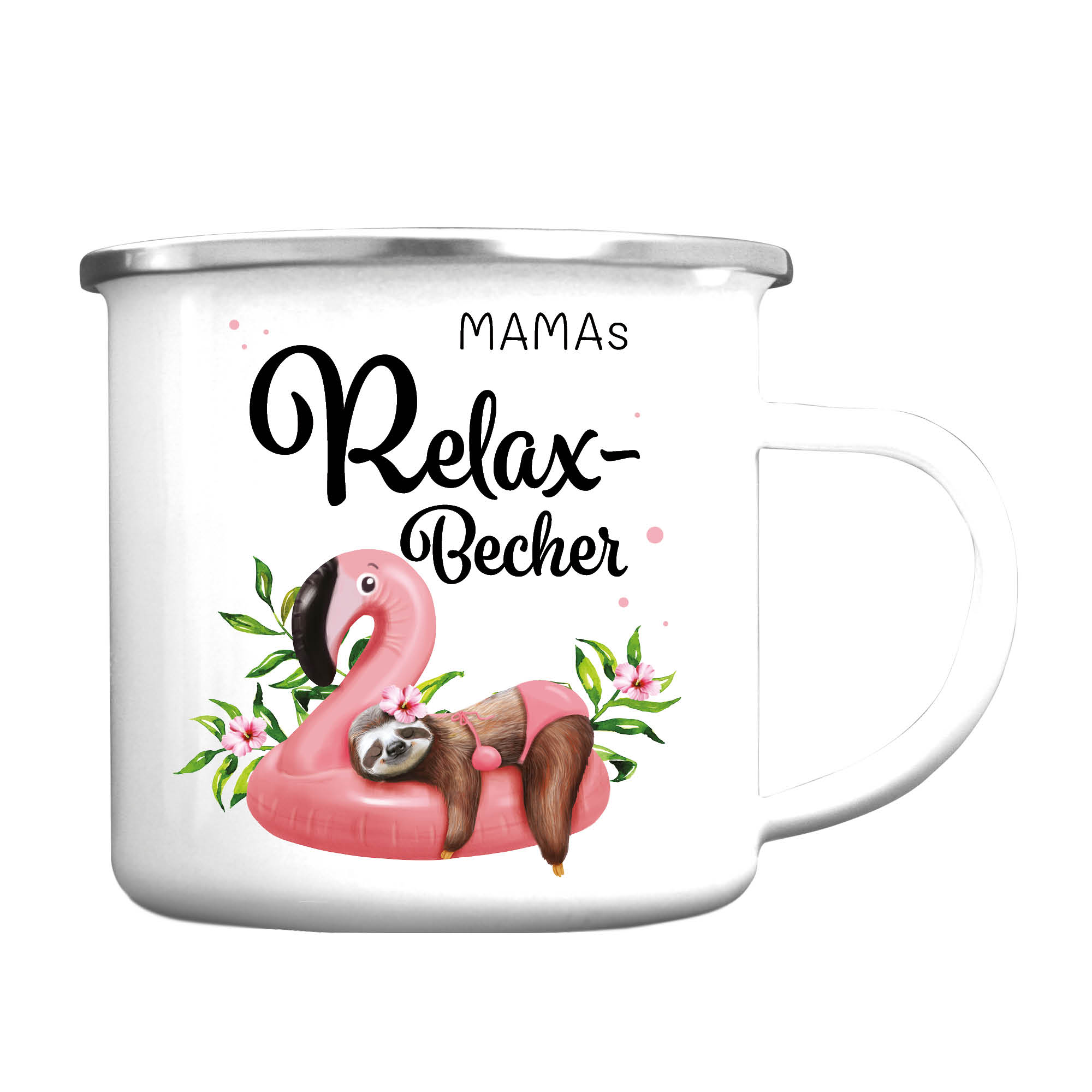 Auf dem Bild ist das Produkt: Emaille Campingbecher “Relax Becher” mit Wunschnamen Faultier auf Flamingo zum Preis von €18.9 abgebildet.