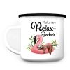 Emaille Campingbecher “Relax Becher” mit Wunschnamen Faultier auf Flamingo Auf dem Bild ist das Produkt: Emaille Campingbecher “Relax Becher” mit Wunschnamen Faultier auf Flamingo zum Preis von €18.9 abgebildet.