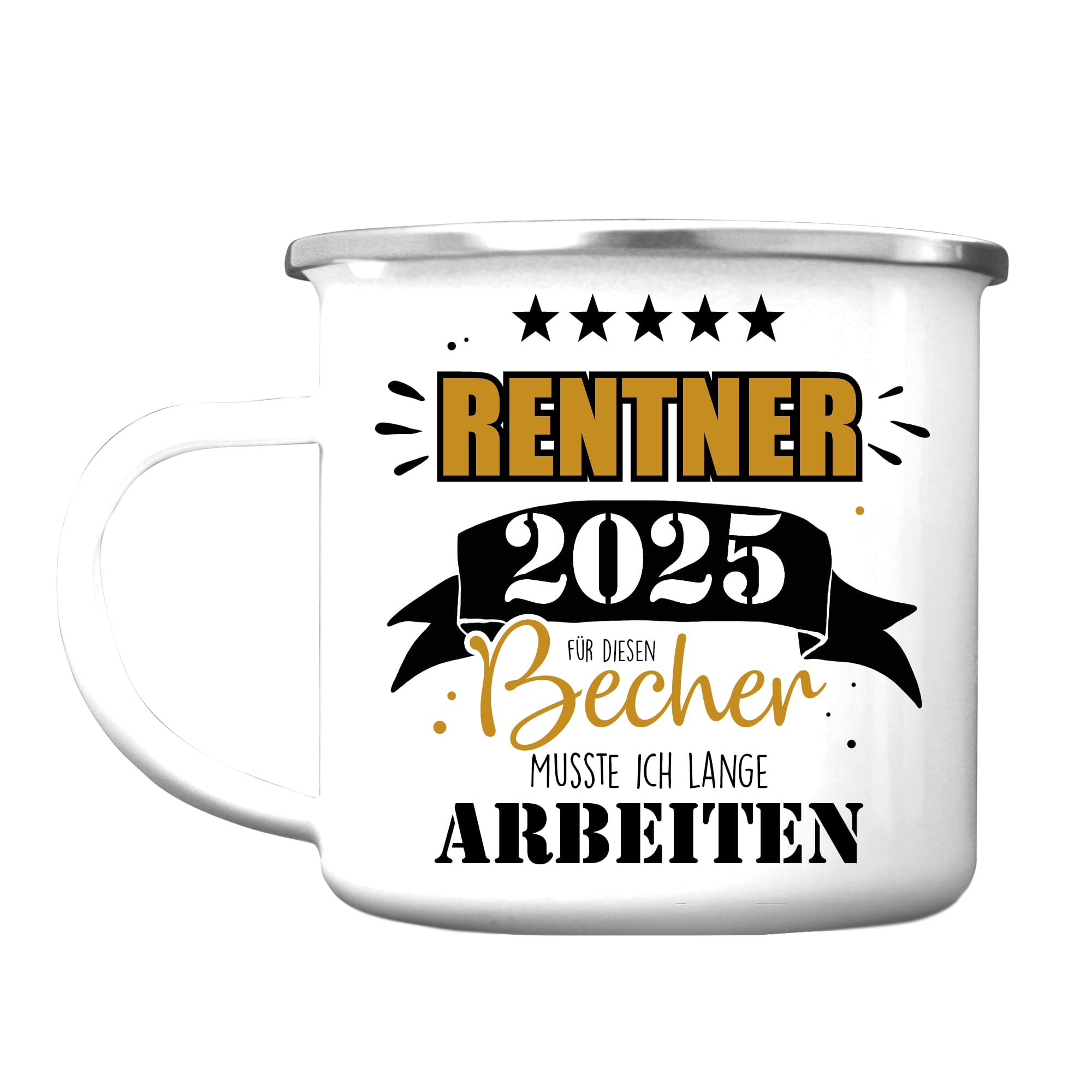 Auf dem Bild ist das Produkt: Emaille Campingbecher Rentner 2025 Geschenk zur Rente Geburtstag zum Preis von €18.90 abgebildet.