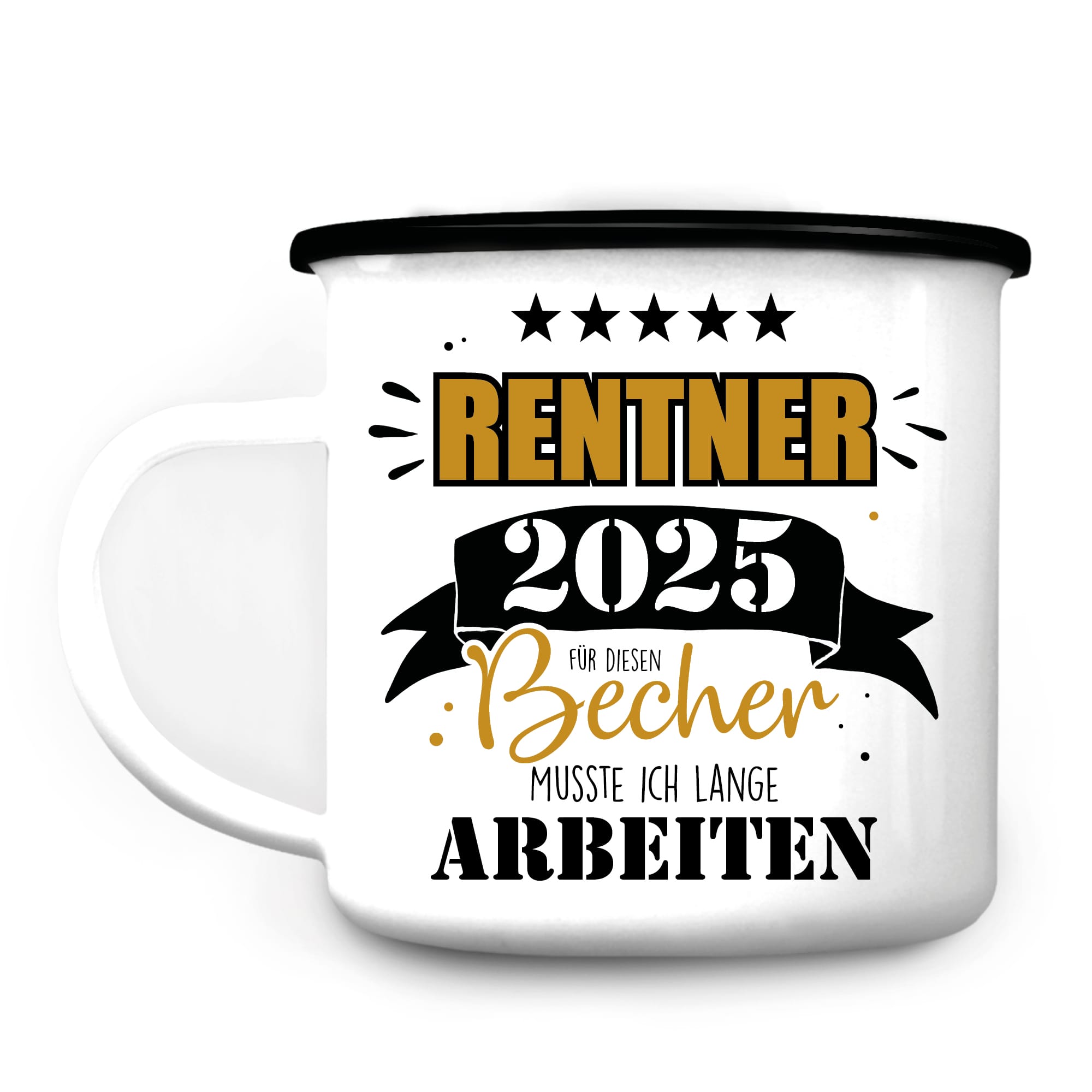 Auf dem Bild ist das Produkt: Emaille Campingbecher Rentner 2025 Geschenk zur Rente Geburtstag zum Preis von €18.90 abgebildet.
