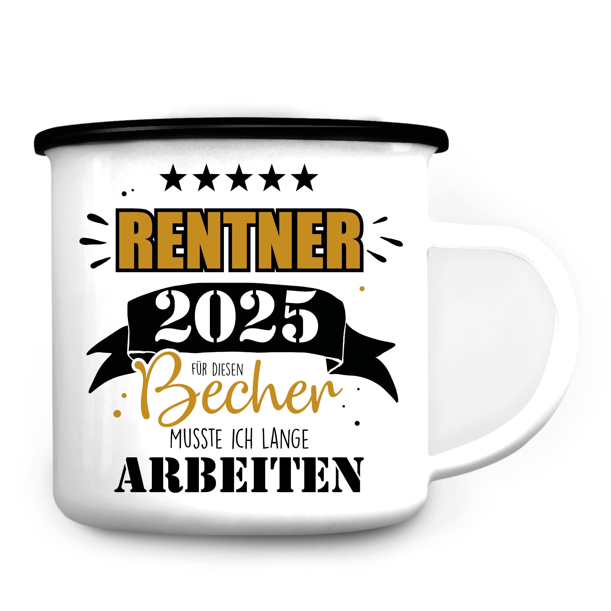 Auf dem Bild ist das Produkt: Emaille Campingbecher Rentner 2025 Geschenk zur Rente Geburtstag zum Preis von €18.90 abgebildet.