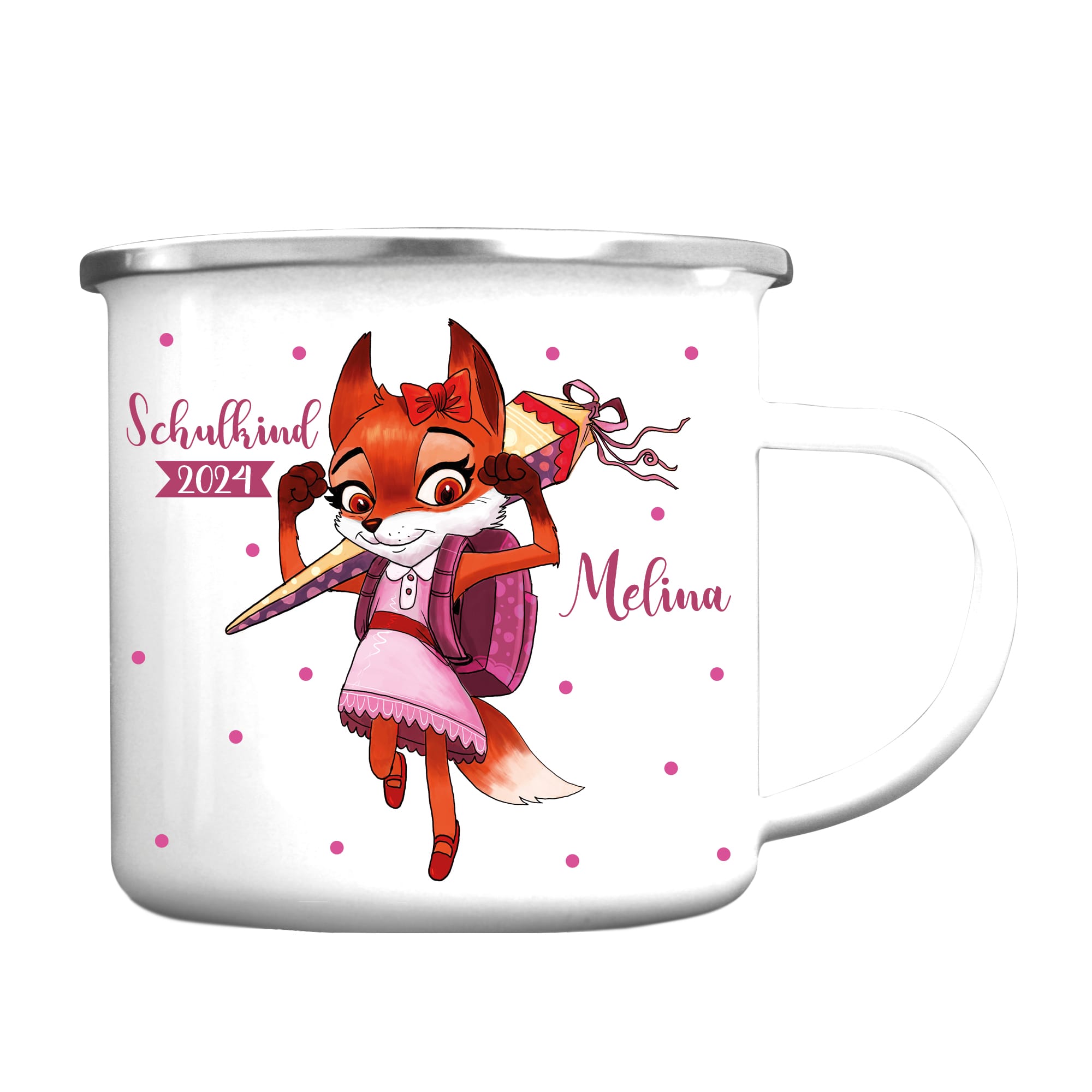 Auf dem Bild ist das Produkt: Schulkind 2024 Becher Emaille personalisierbar Fuchs mit Schultüte Einschulungsgeschenk mit Wunschnamen zum Preis von €18.9 abgebildet.