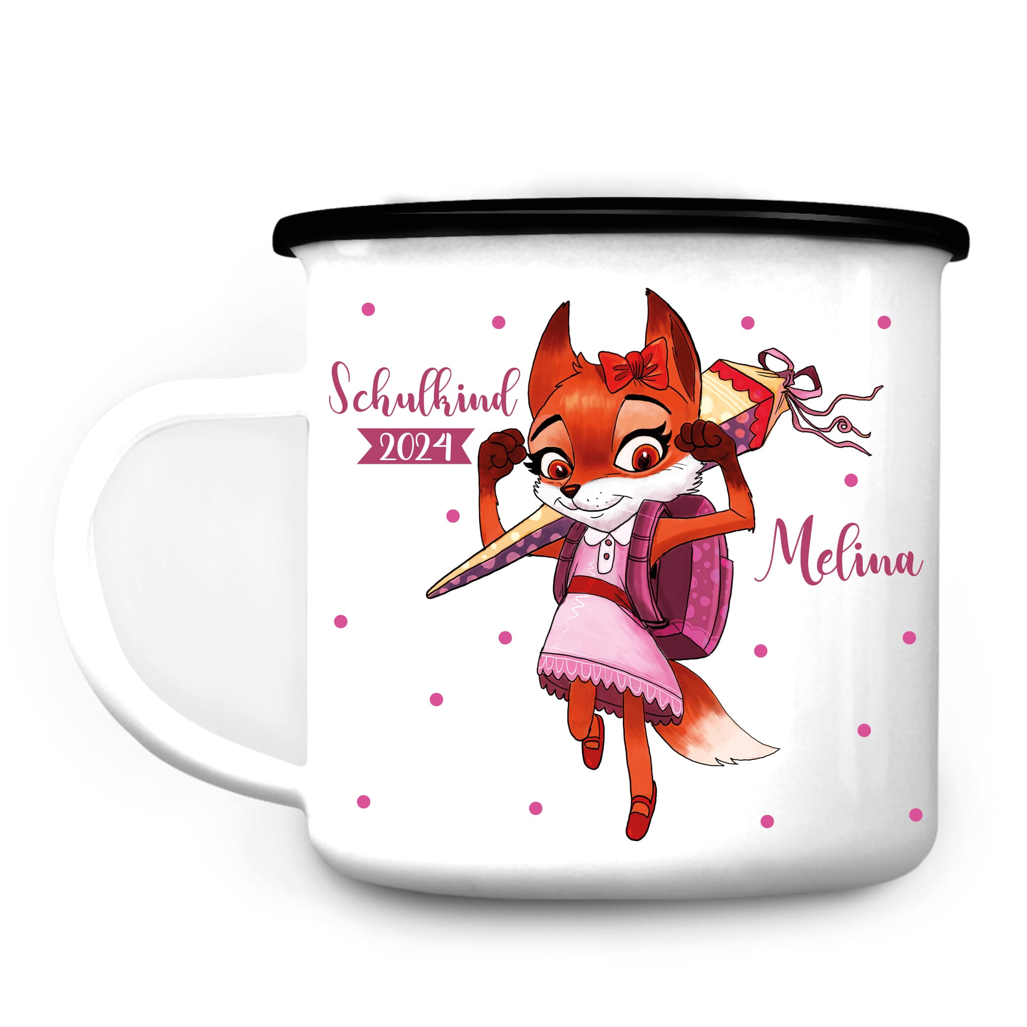 Auf dem Bild ist das Produkt: Schulkind 2024 Becher Emaille personalisierbar Fuchs mit Schultüte Einschulungsgeschenk mit Wunschnamen zum Preis von €18.9 abgebildet.