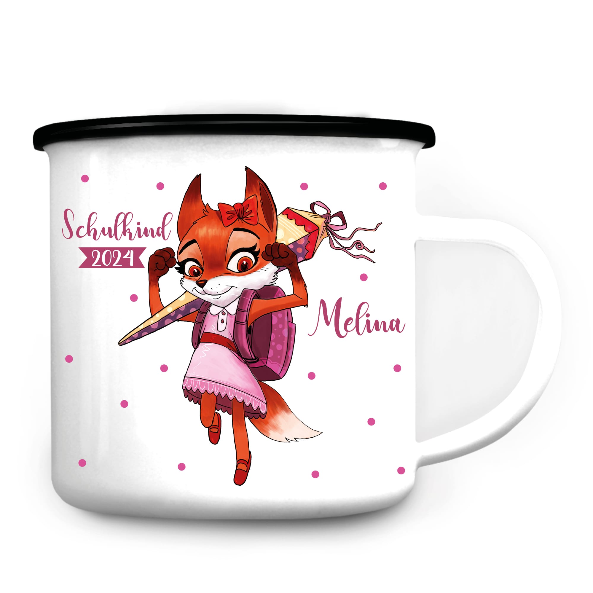 Auf dem Bild ist das Produkt: Schulkind 2024 Becher Emaille personalisierbar Fuchs mit Schultüte Einschulungsgeschenk mit Wunschnamen zum Preis von €18.9 abgebildet.