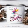 Auf dem Bild ist das Produkt: Campingbecher Emaille Mädchen Fahrrad personalisiert Wunschname Einschulungsgeschenk Einschulung zum Preis von €12.90 abgebildet.