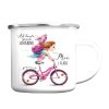 Auf dem Bild ist das Produkt: Campingbecher Emaille Mädchen Fahrrad personalisiert Wunschname Einschulungsgeschenk Einschulung zum Preis von €12.90 abgebildet.