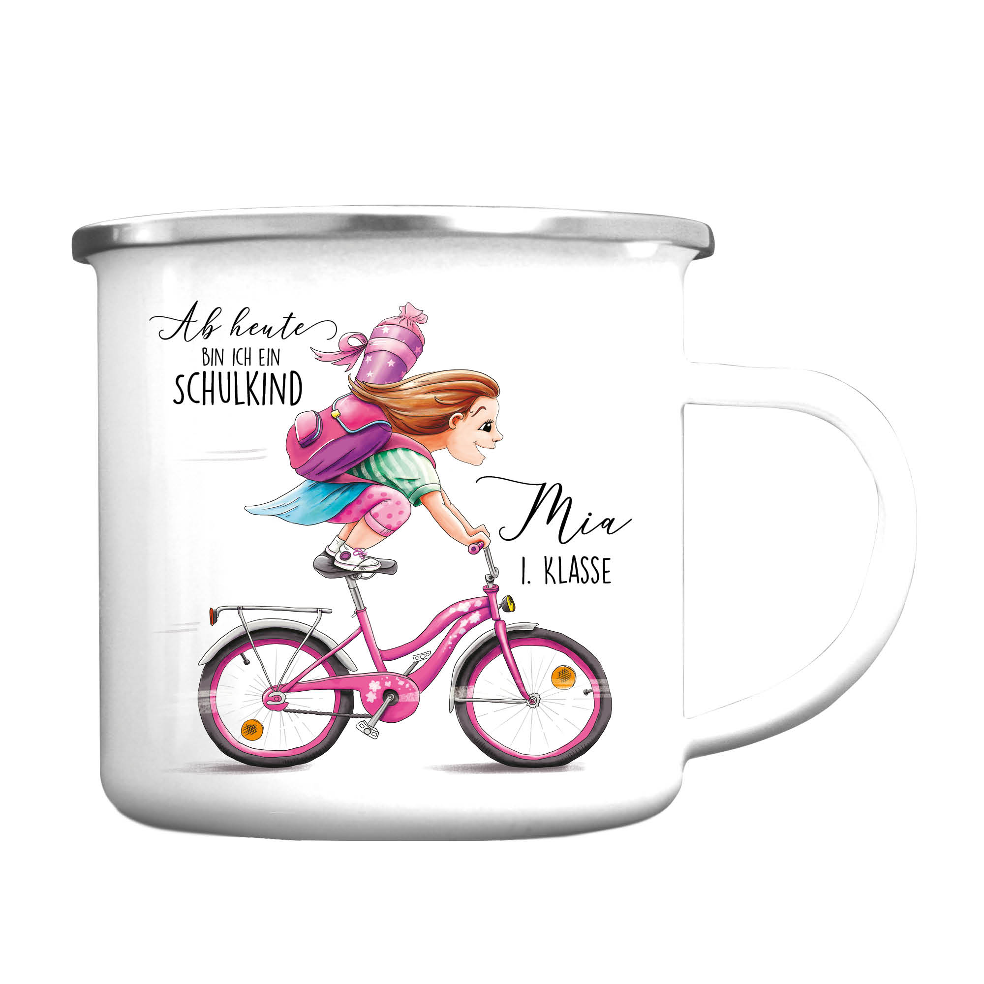 Auf dem Bild ist das Produkt: Campingbecher Emaille Mädchen Fahrrad personalisiert Wunschname Einschulungsgeschenk Einschulung zum Preis von €12.90 abgebildet.