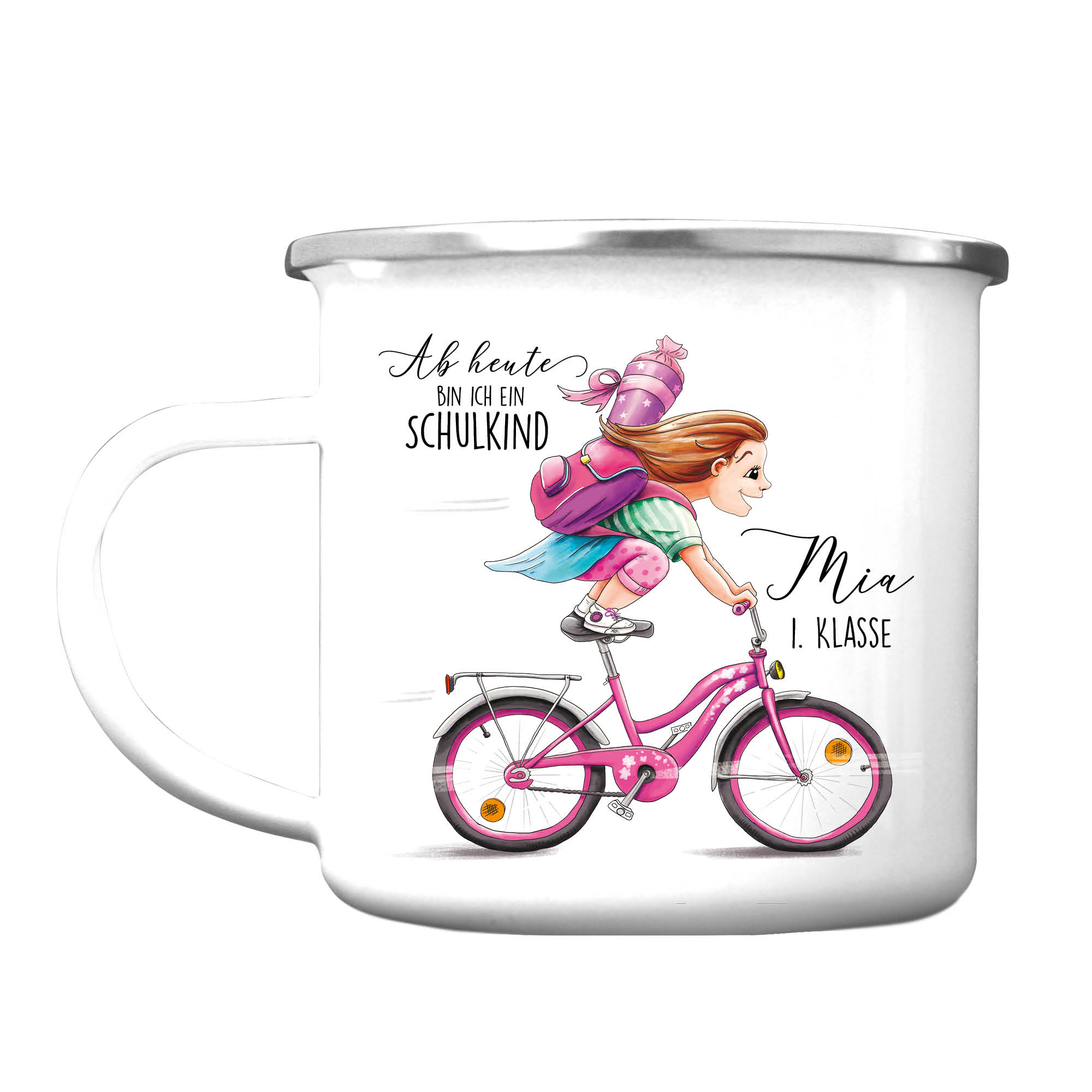 Auf dem Bild ist das Produkt: Campingbecher Emaille Mädchen Fahrrad personalisiert Wunschname Einschulungsgeschenk Einschulung zum Preis von €12.90 abgebildet.