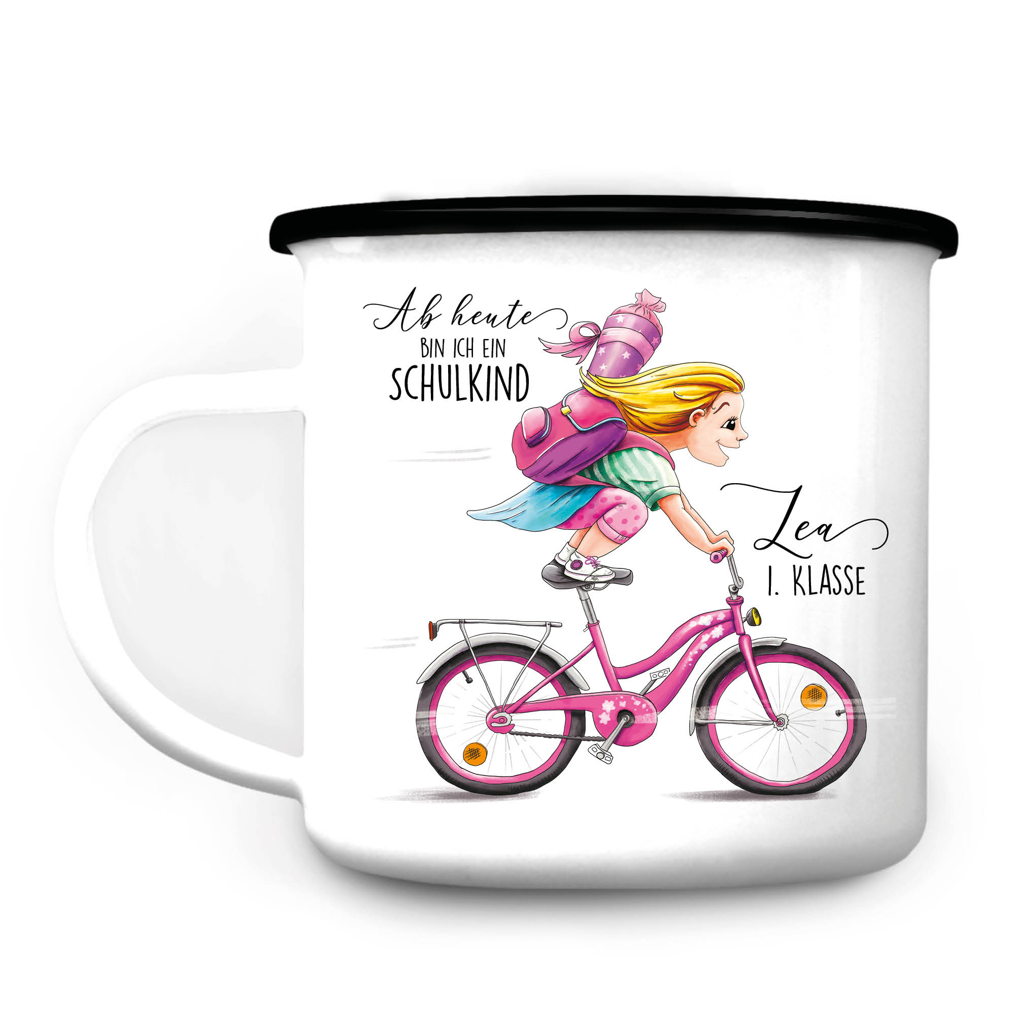 Auf dem Bild ist das Produkt: Campingbecher Emaille Mädchen Fahrrad personalisiert Wunschname Einschulungsgeschenk Einschulung zum Preis von €12.90 abgebildet.