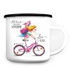 Auf dem Bild ist das Produkt: Campingbecher Emaille Mädchen Fahrrad personalisiert Wunschname Einschulungsgeschenk Einschulung zum Preis von €12.90 abgebildet.