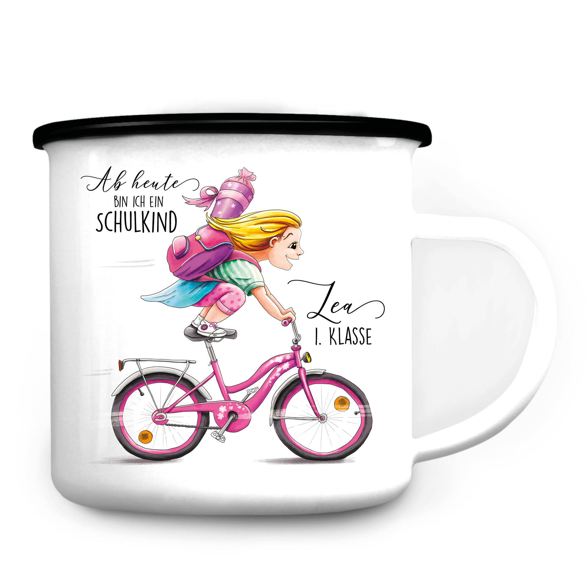 Auf dem Bild ist das Produkt: Campingbecher Emaille Mädchen Fahrrad personalisiert Wunschname Einschulungsgeschenk Einschulung zum Preis von €12.90 abgebildet.
