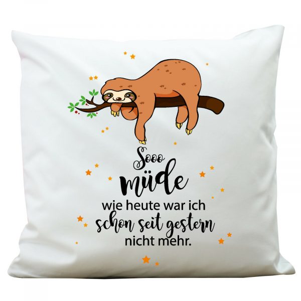 Auf dem Bild ist das Produkt: KP104 Wandtattoo-Loft® Deko Kissen Polyester Weiß Faultier Müde Spruch zum Preis von €26.9 abgebildet.