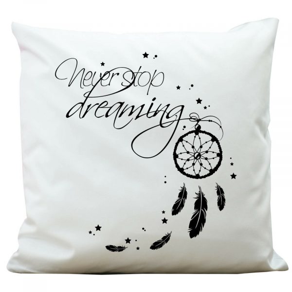 Auf dem Bild ist das Produkt: KP108 Wandtattoo-Loft® Deko Kissen Polyester Weiß Traumfänger Federn Spruch zum Preis von €26.9 abgebildet.