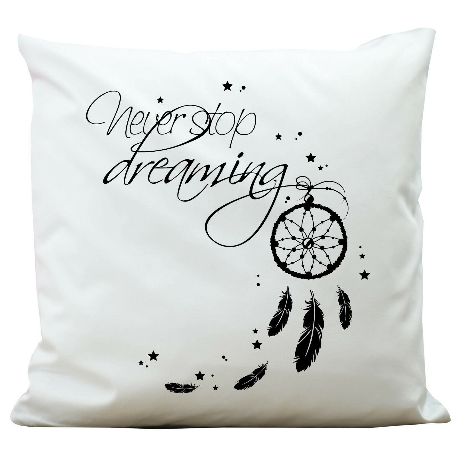 KP108 Wandtattoo-Loft® Deko Kissen Polyester Weiß Traumfänger Federn Spruch