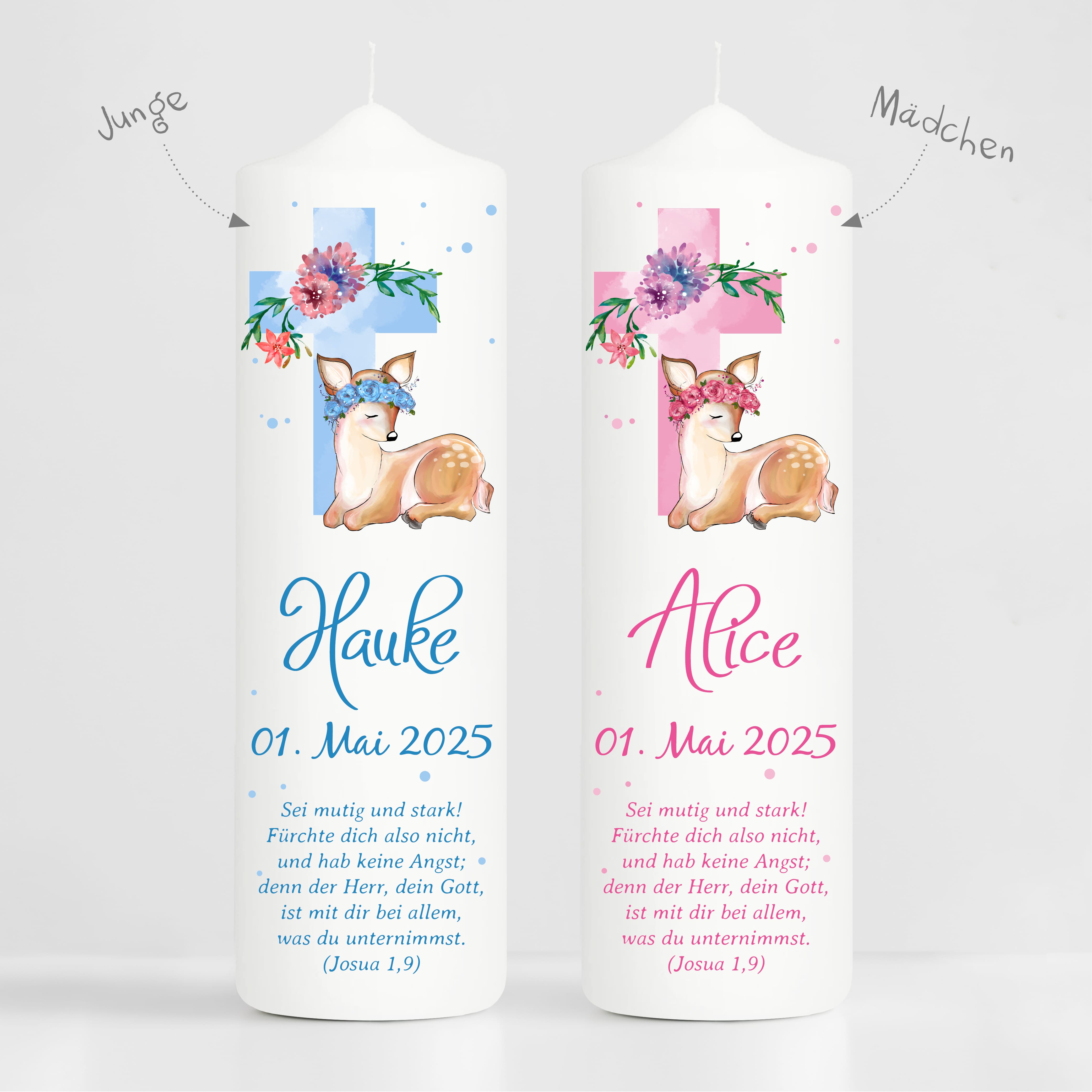 Auf dem Bild ist das Produkt: Taufkerze bedruckt Reh Jesuskreuz Junge Mädchen personalisiert mit Namen Datum Taufspruch Geschenk Kerze zur Taufe zum Preis von €6.40 abgebildet.