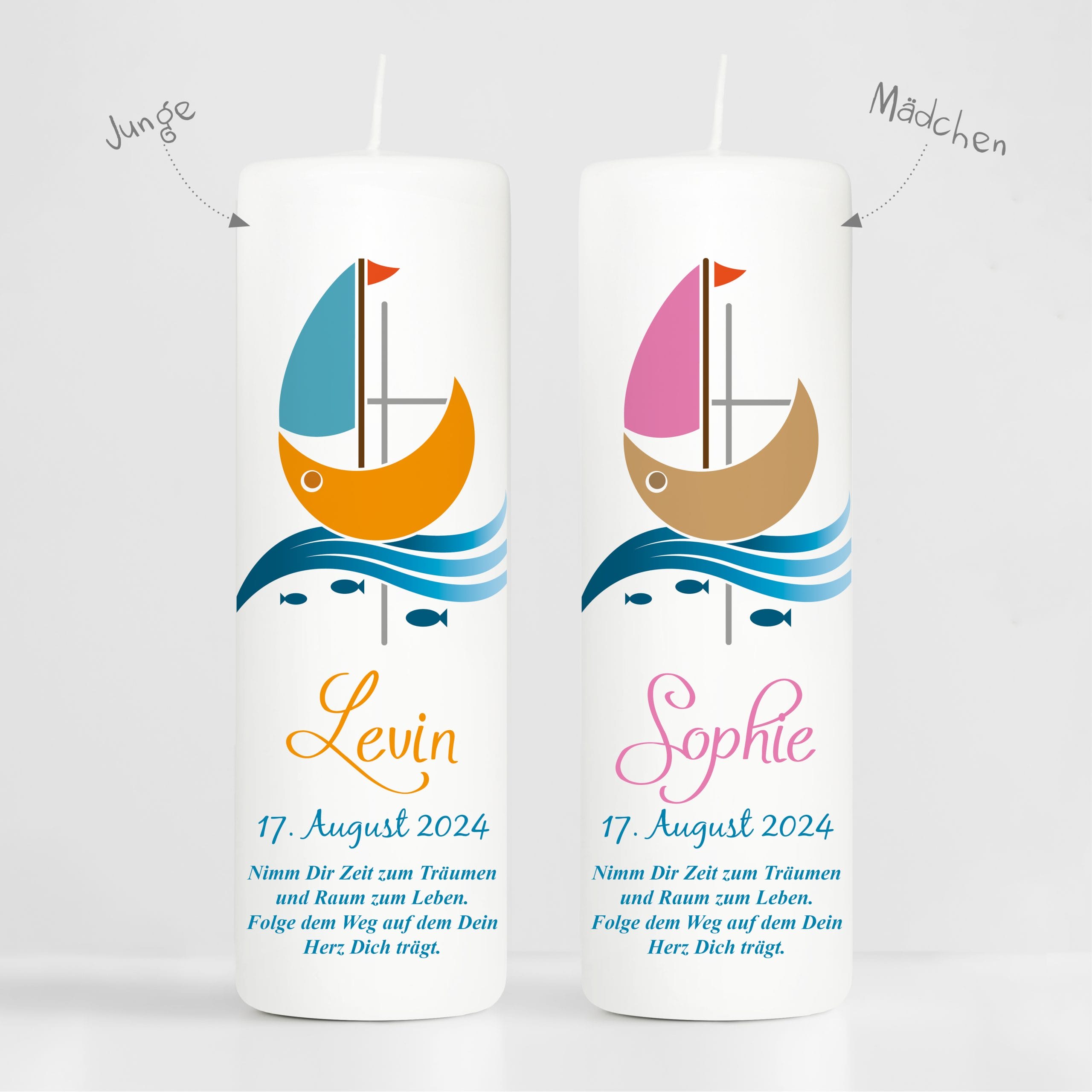 Auf dem Bild ist das Produkt: Taufkerze bedruckt Boot Jesuskreuz Junge Mädchen personalisiert mit Namen Datum Taufspruch Geschenk Kerze zur Taufe zum Preis von €6.40 abgebildet.