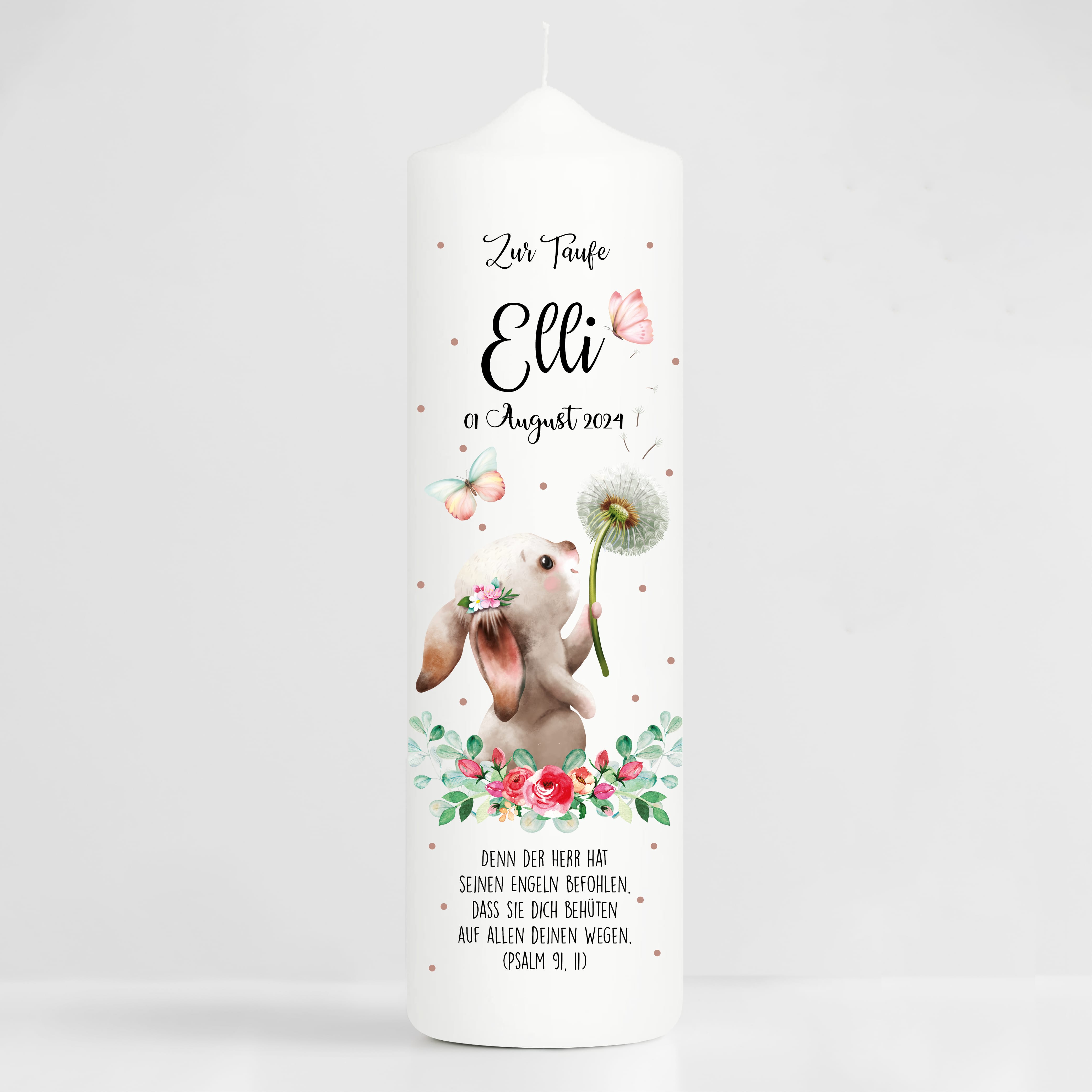 Auf dem Bild ist das Produkt: Taufkerze bedruckt Hase Pusteblume Junge Mädchen personalisiert mit Namen Datum Taufspruch Geschenk Kerze zur Taufe zum Preis von €6.40 abgebildet.