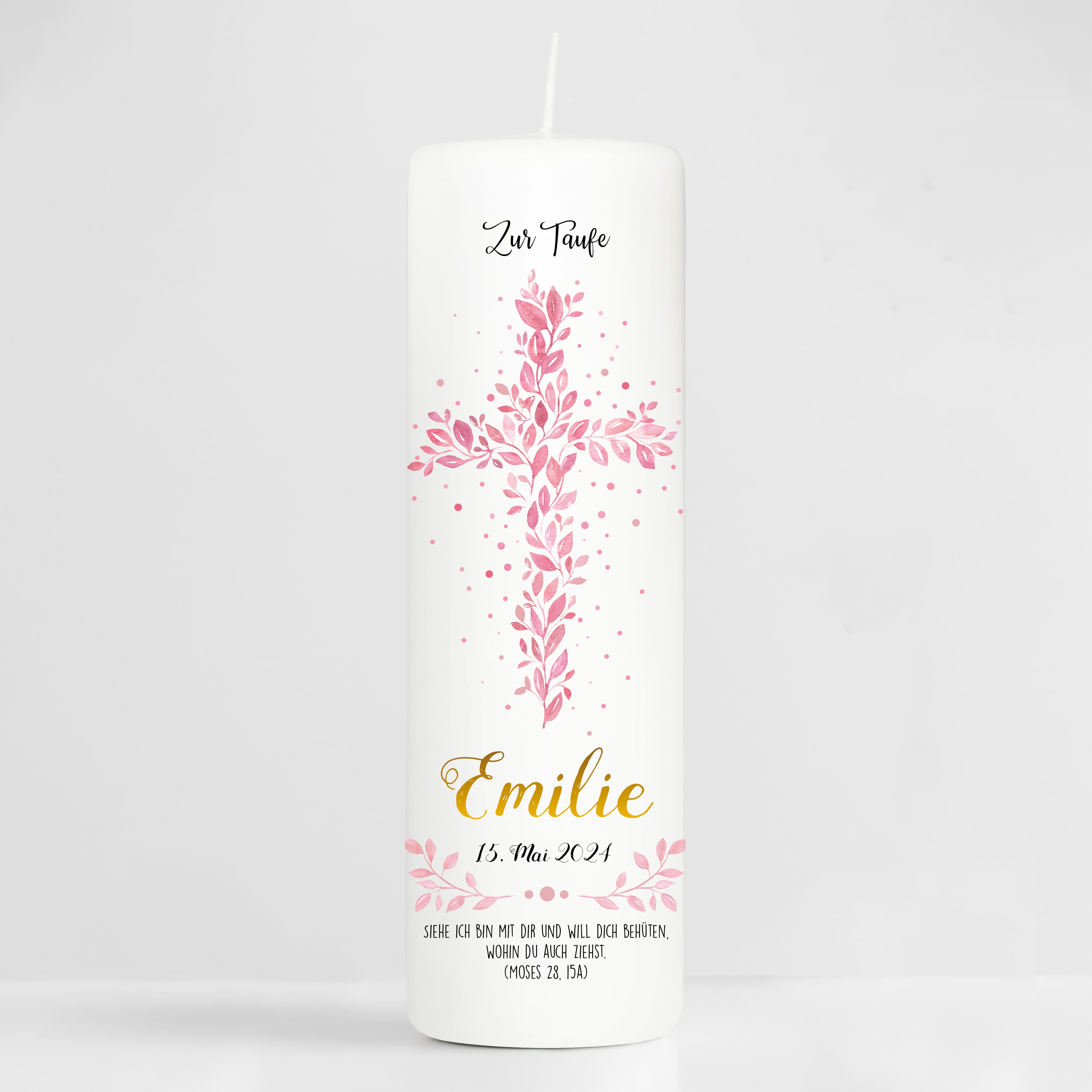 Auf dem Bild ist das Produkt: Taufkerze Blätterkreuz rosa Mädchen Heiliges Kreuz rosa Blätter Kerze zur Taufe mit Namen, Datum und eigenem, vorgegebenem oder keinem Taufspruch zum Preis von €6.40 abgebildet.